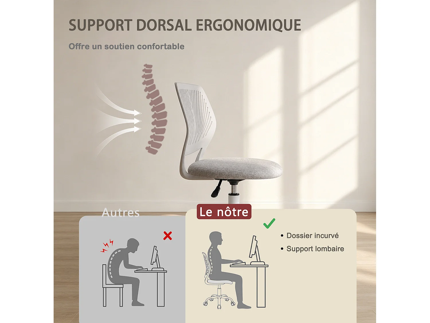 MEUBLES COSY CARNATION Silla giratoria regulable en altura con asiento de malla gris verita y patas de metal