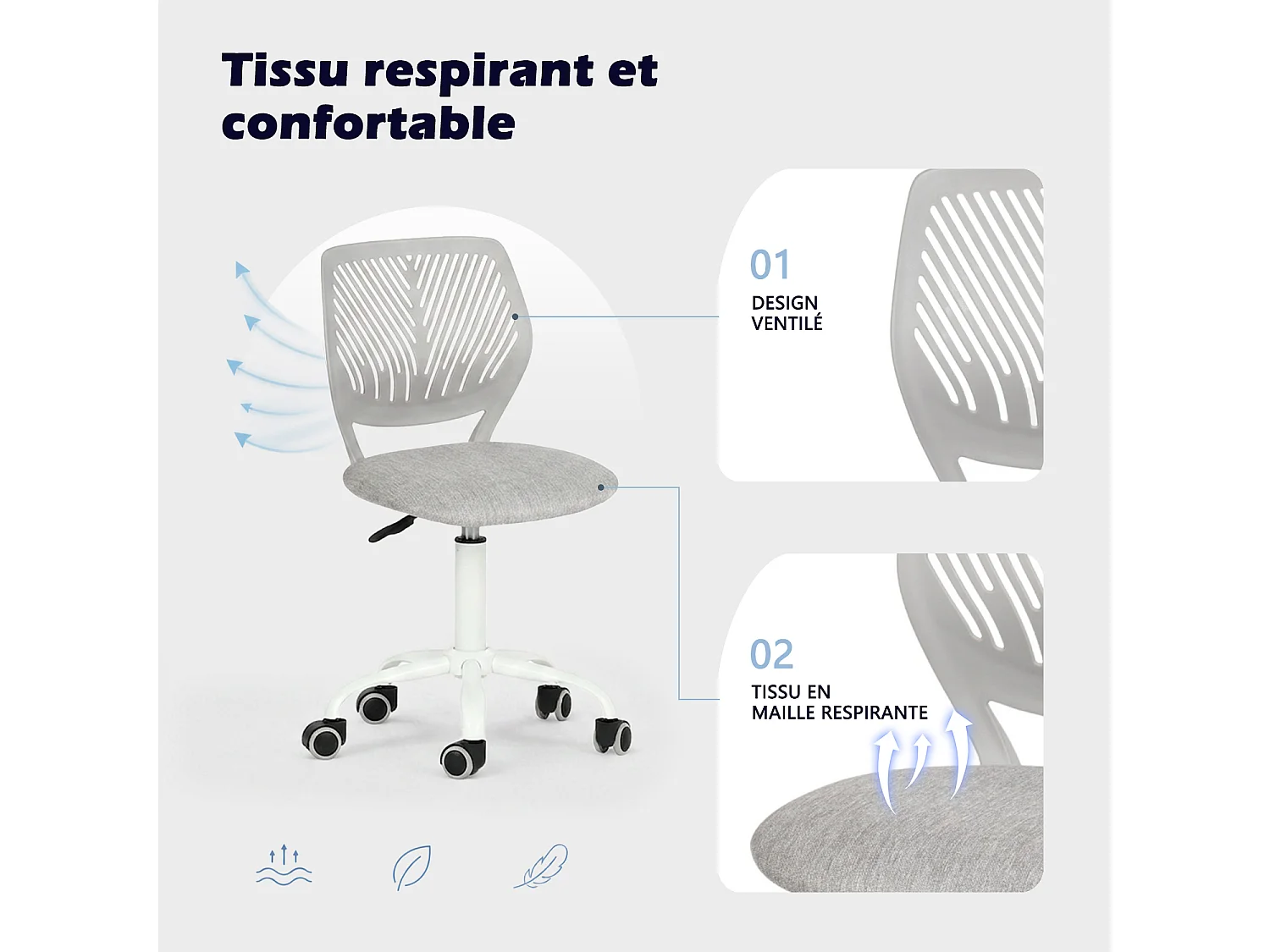 MEUBLES COSY CARNATION Silla giratoria regulable en altura con asiento de malla gris verita y patas de metal