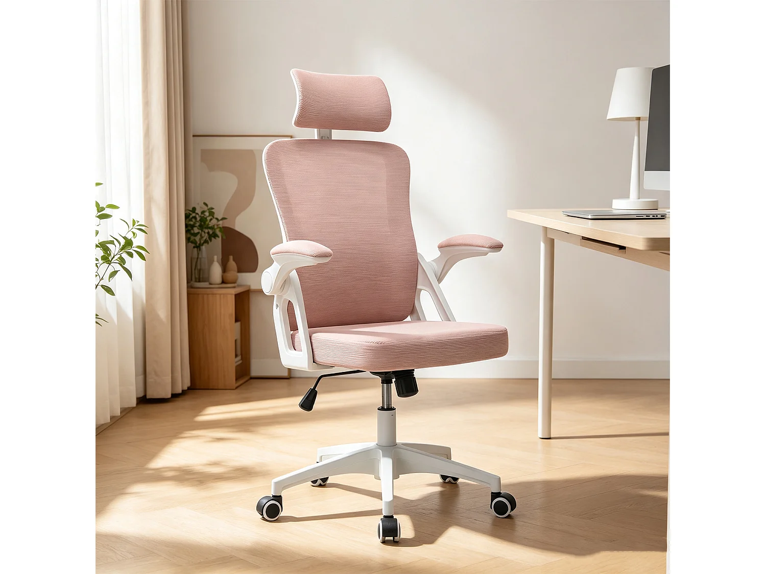 MEUBLES COSY DARVEN Chaise de bureau ergonomique pivotante réglable en hauteur en maille rose avec cadre en plastique