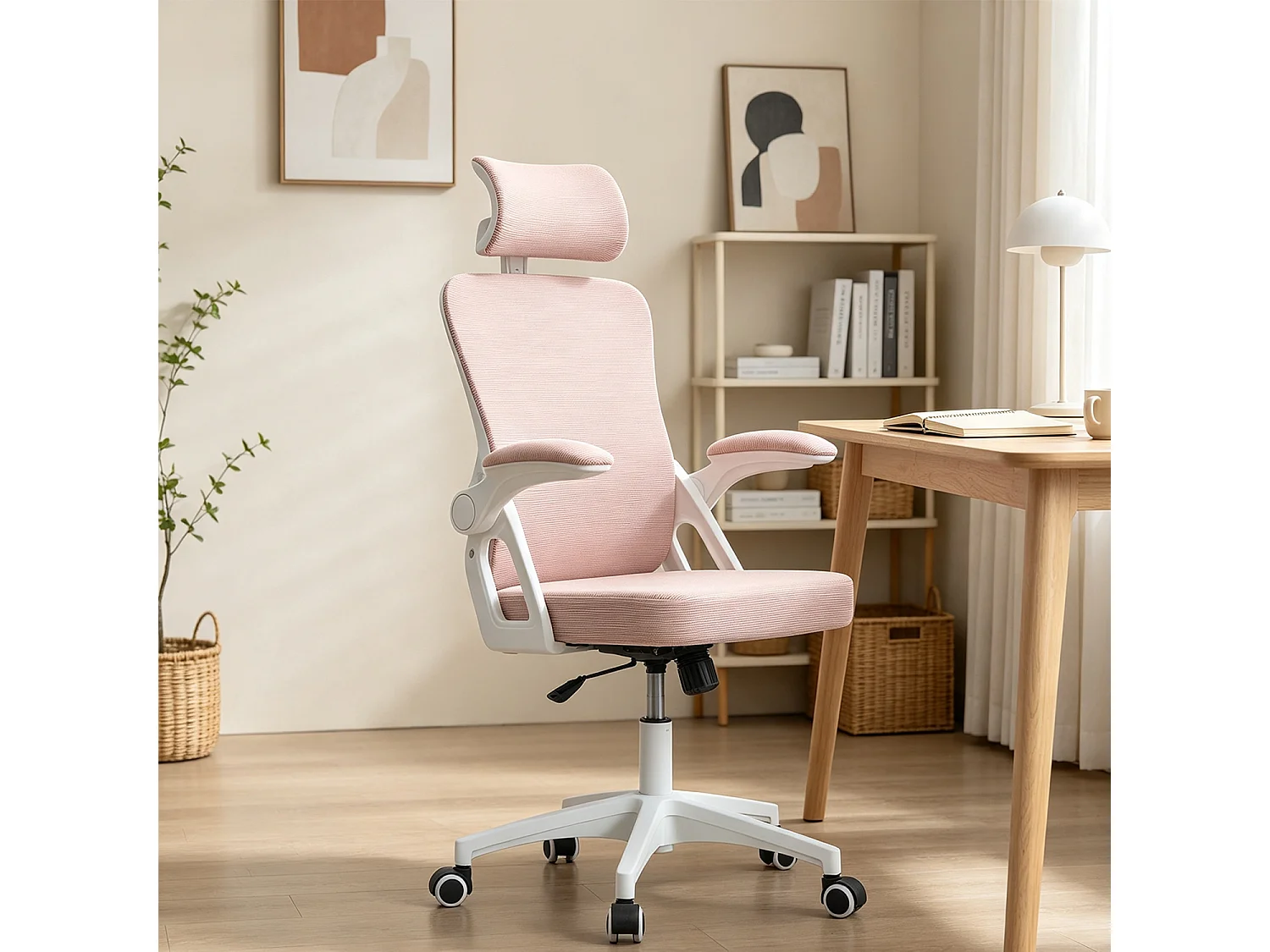 MEUBLES COSY DARVEN Chaise de bureau ergonomique pivotante réglable en hauteur en maille rose avec cadre en plastique