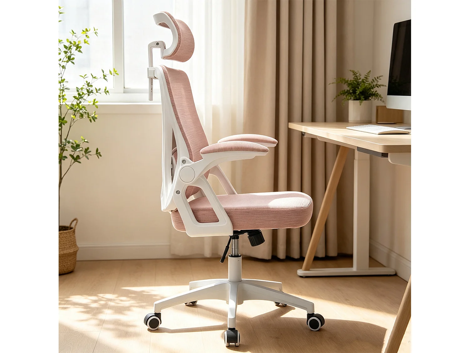 MEUBLES COSY DARVEN Chaise de bureau ergonomique pivotante réglable en hauteur en maille rose avec cadre en plastique