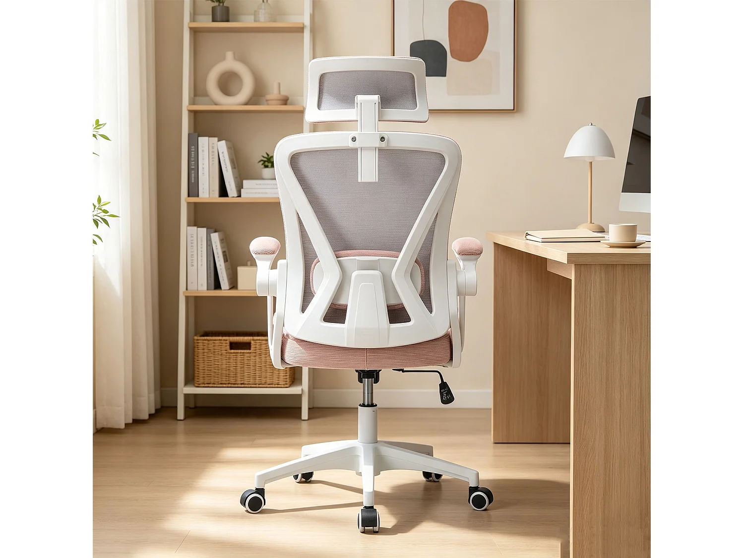 MEUBLES COSY DARVEN Chaise de bureau ergonomique pivotante réglable en hauteur en maille rose avec cadre en plastique