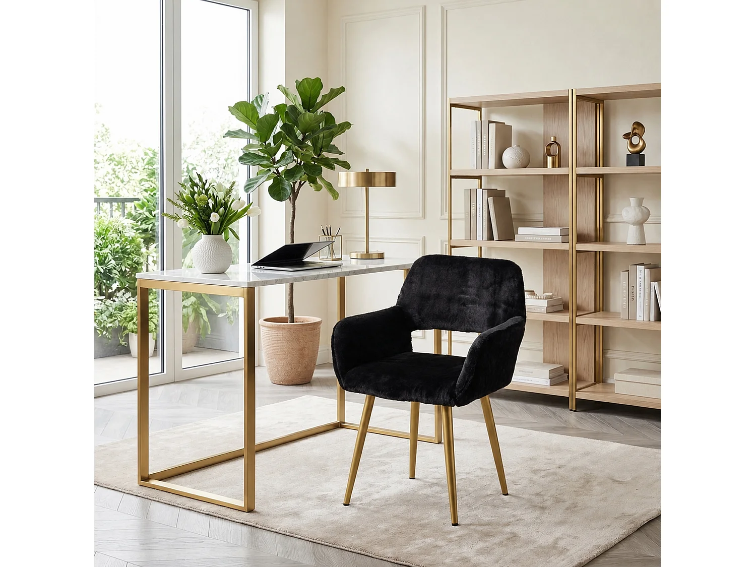MEUBLES COSY CROMWELL PELUCHEO Fauteuil en tissu noir effet poil de lapin avec pieds en métal
