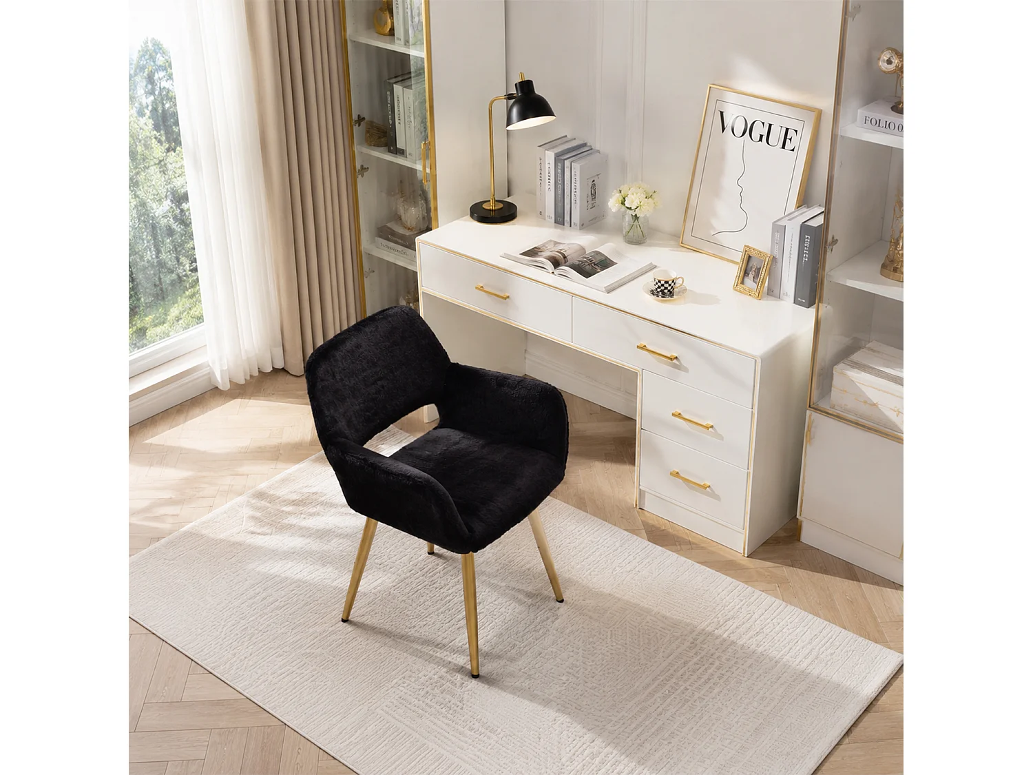MEUBLES COSY CROMWELL PELUCHEO Fauteuil en tissu noir effet poil de lapin avec pieds en métal