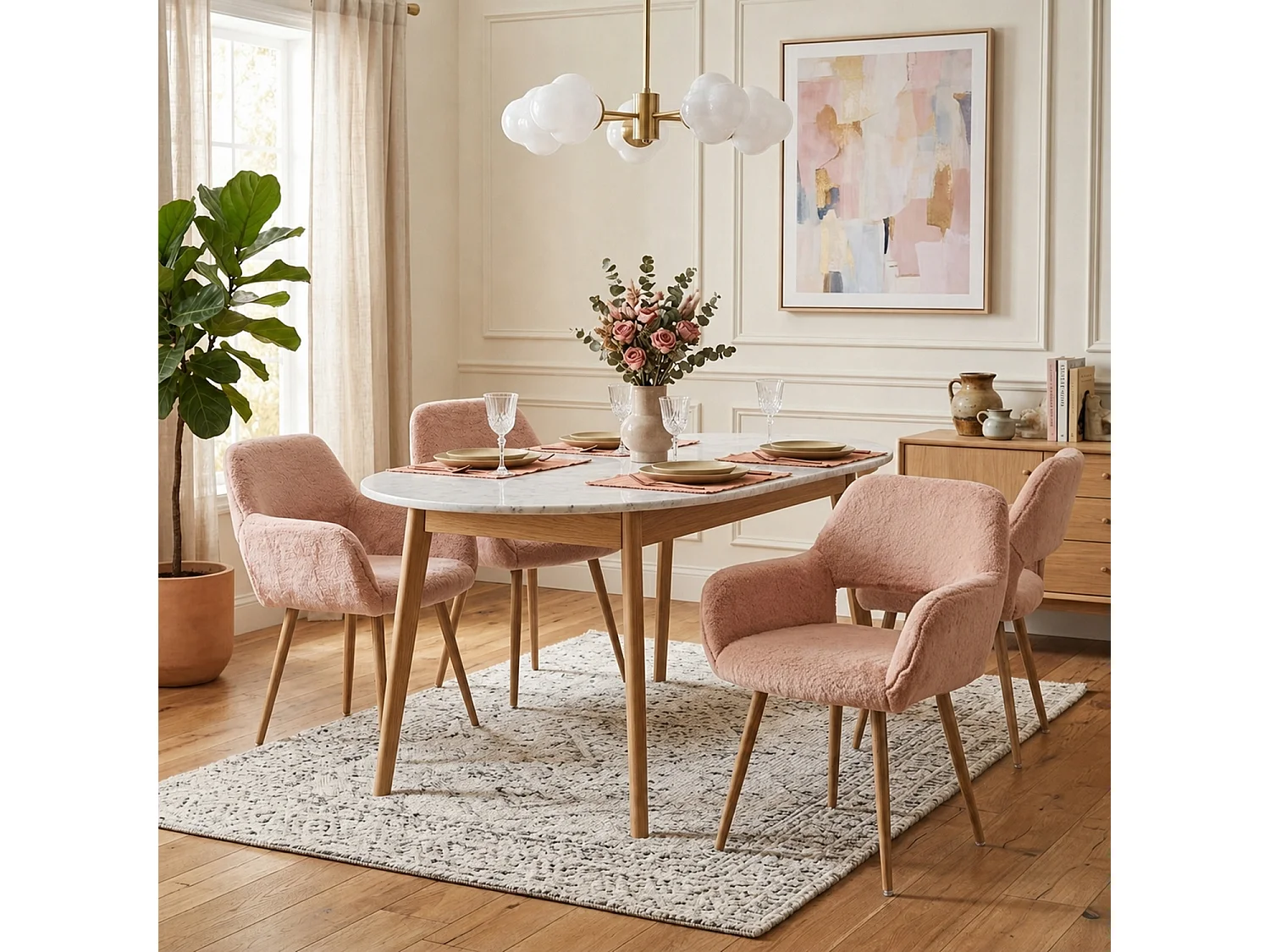 MEUBLES COSY CROMWELL PELUCHE Lot de 4 chaises en tissu effet poil de lapin rose pêche, structure en métal
