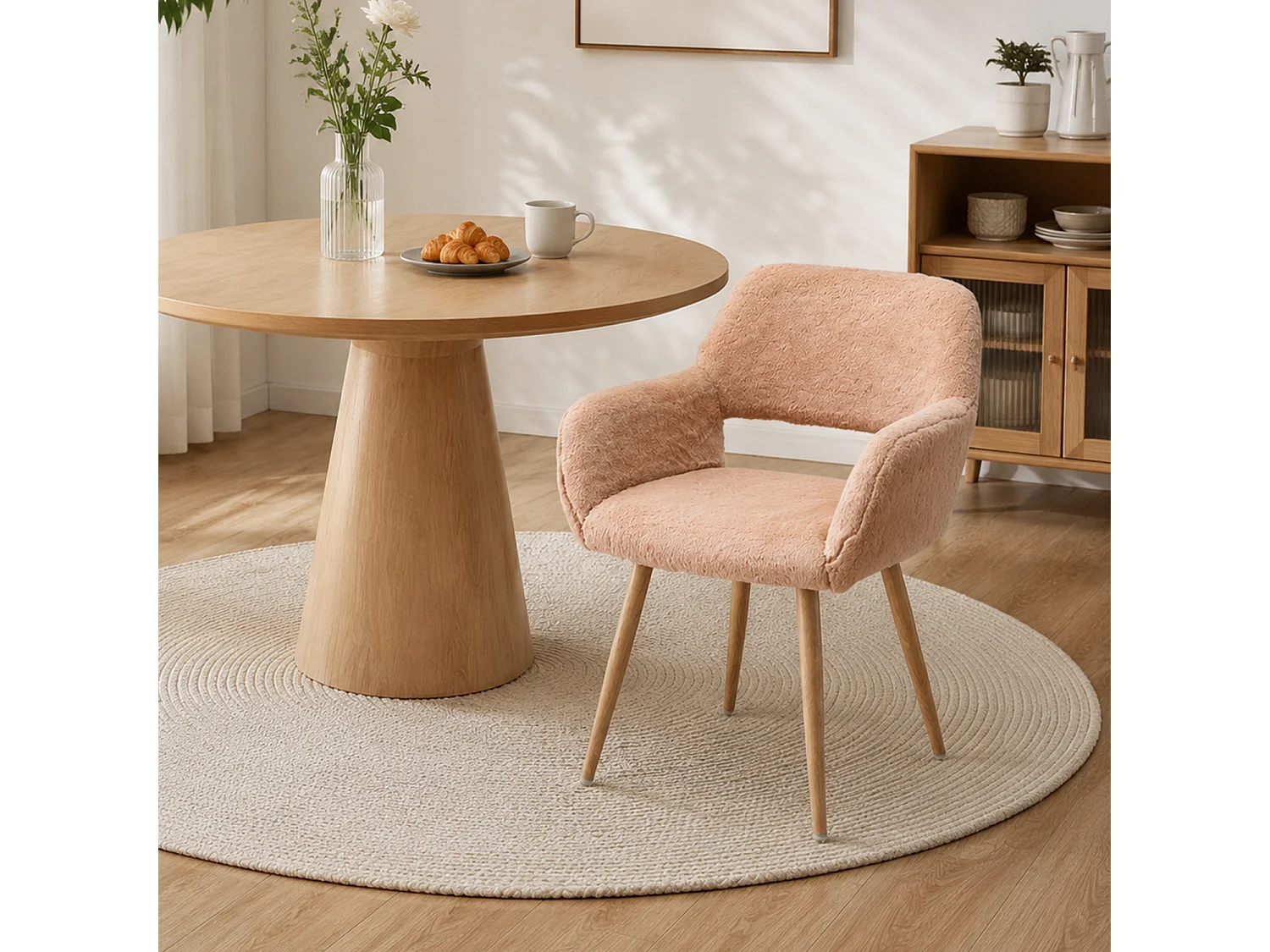 MEUBLES COSY CROMWELL PELUCHE Lot de 4 chaises en tissu effet poil de lapin rose pêche, structure en métal
