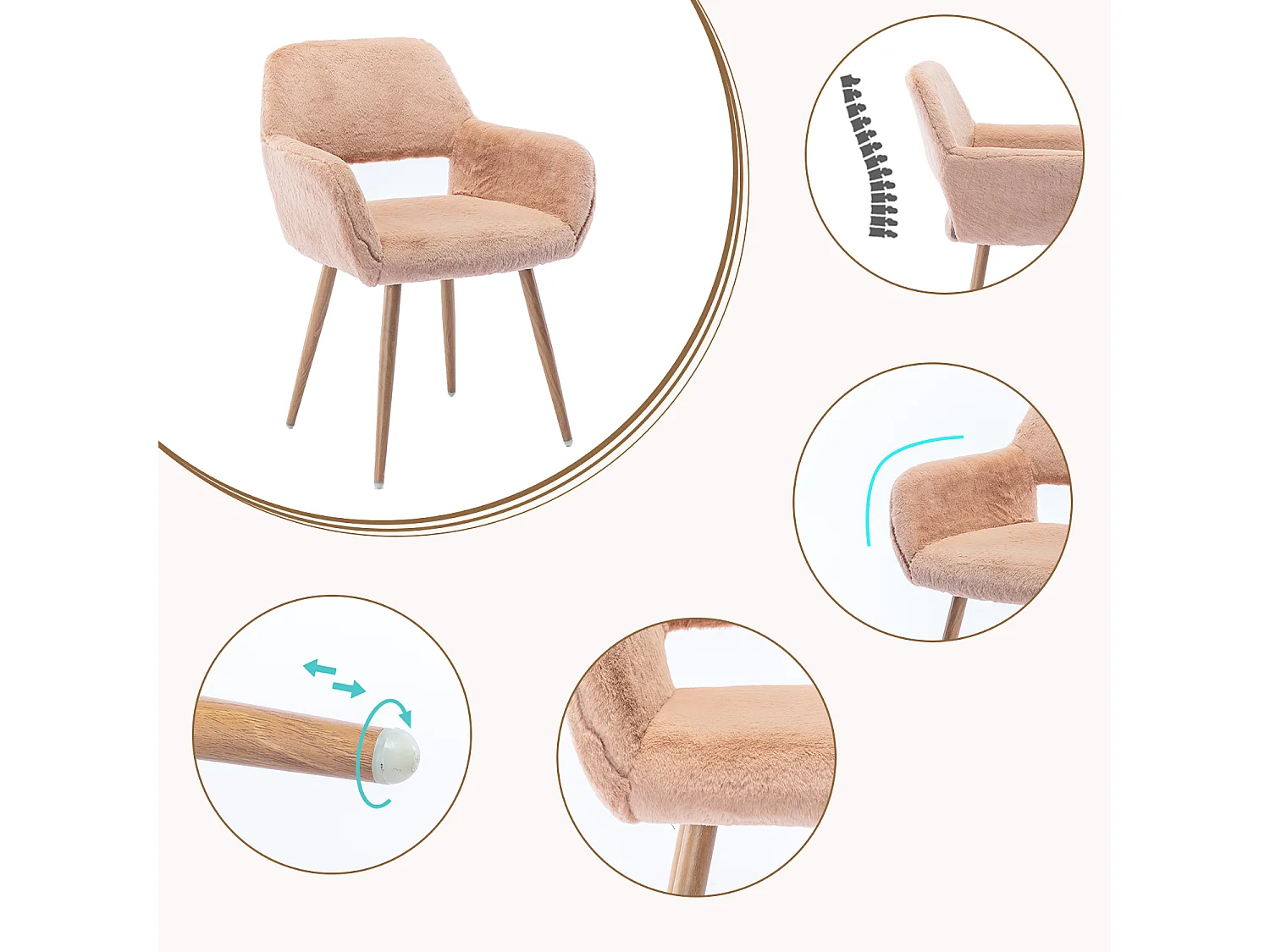 MEUBLES COSY CROMWELL PELUCHE Lot de 4 chaises en tissu effet poil de lapin rose pêche, structure en métal