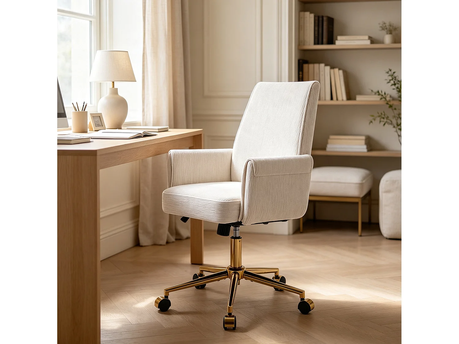 MEUBLES COSY ELVAN Chaise de bureau pivotante réglable en hauteur en velours côtelé beige avec pieds dorés