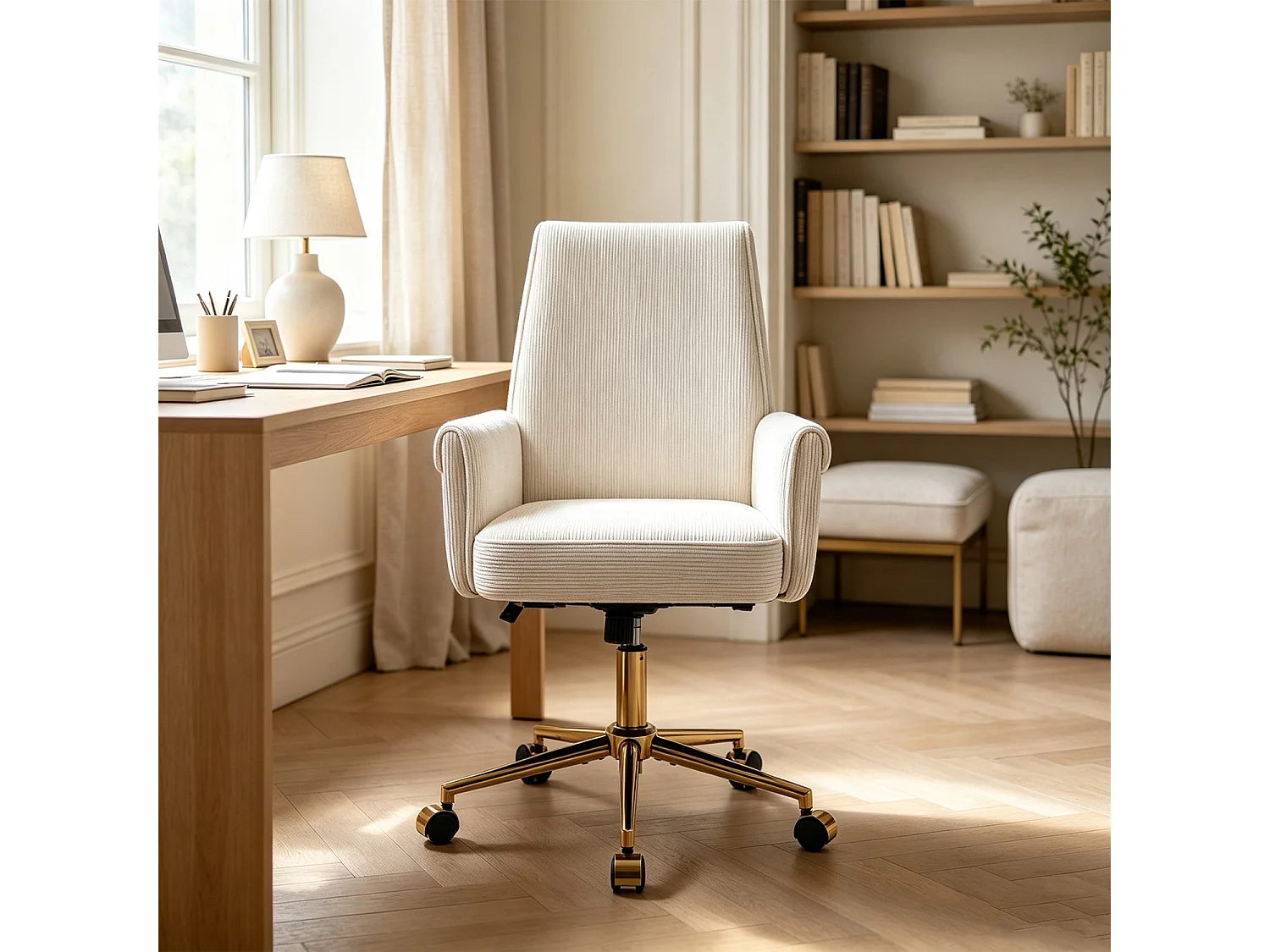 MEUBLES COSY ELVAN Chaise de bureau pivotante réglable en hauteur en velours côtelé beige avec pieds dorés