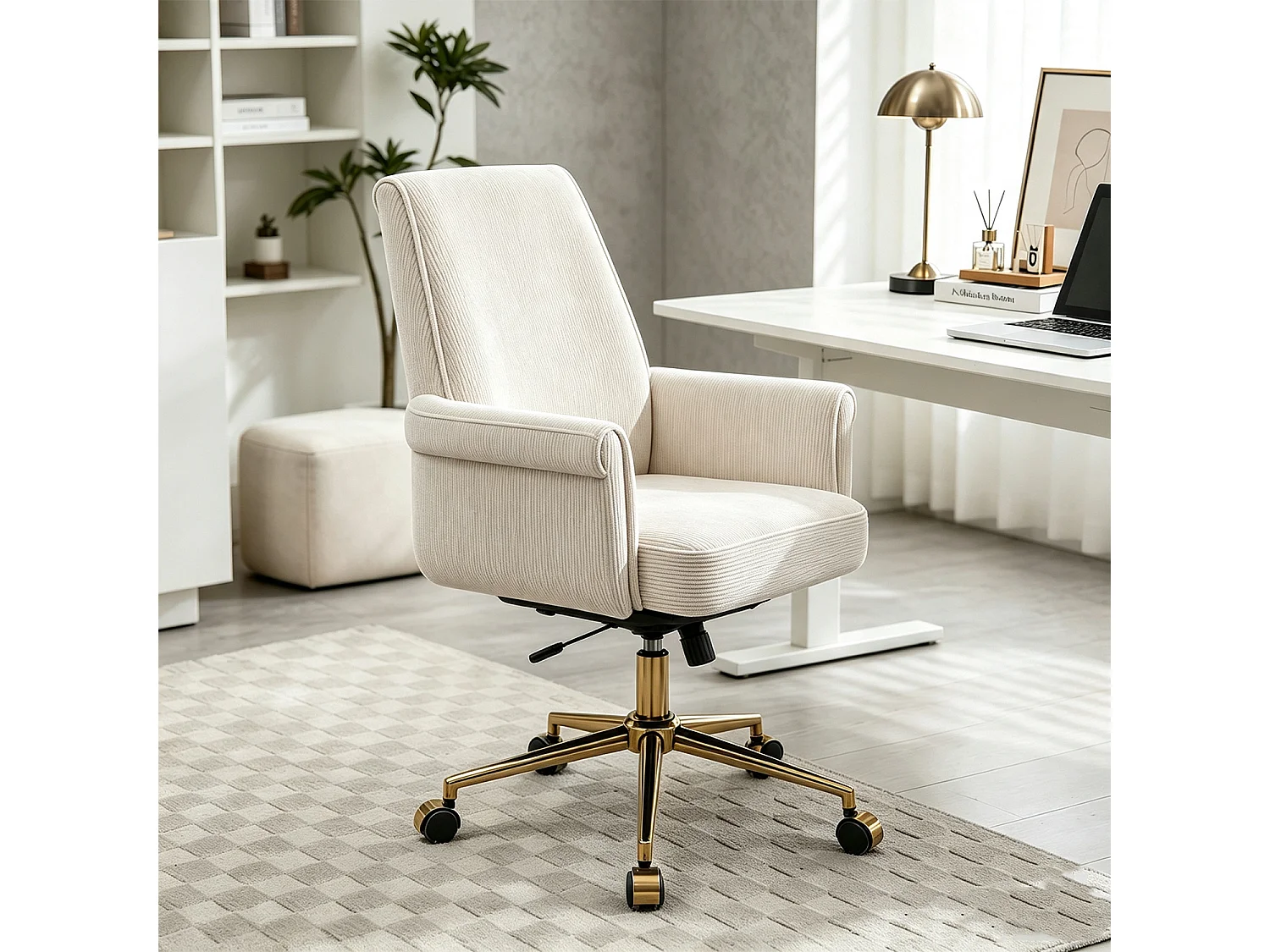 MEUBLES COSY ELVAN Chaise de bureau pivotante réglable en hauteur en velours côtelé beige avec pieds dorés
