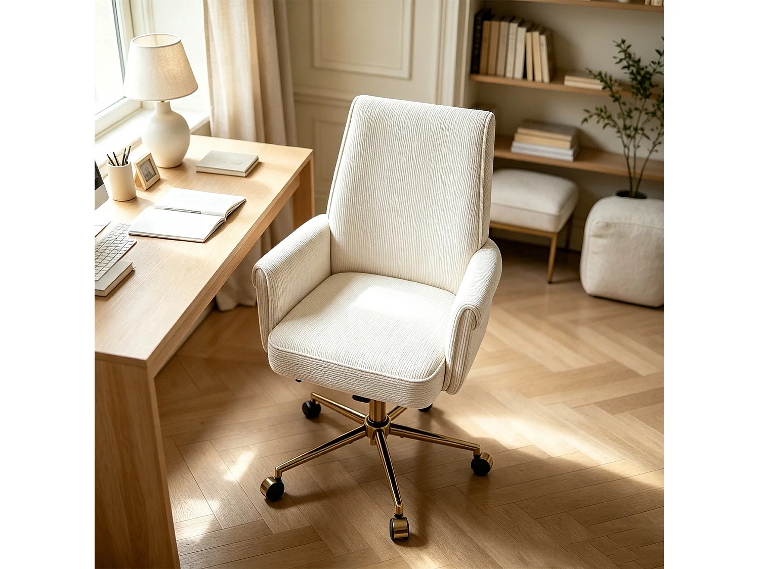MEUBLES COSY ELVAN Chaise de bureau pivotante réglable en hauteur en velours côtelé beige avec pieds dorés