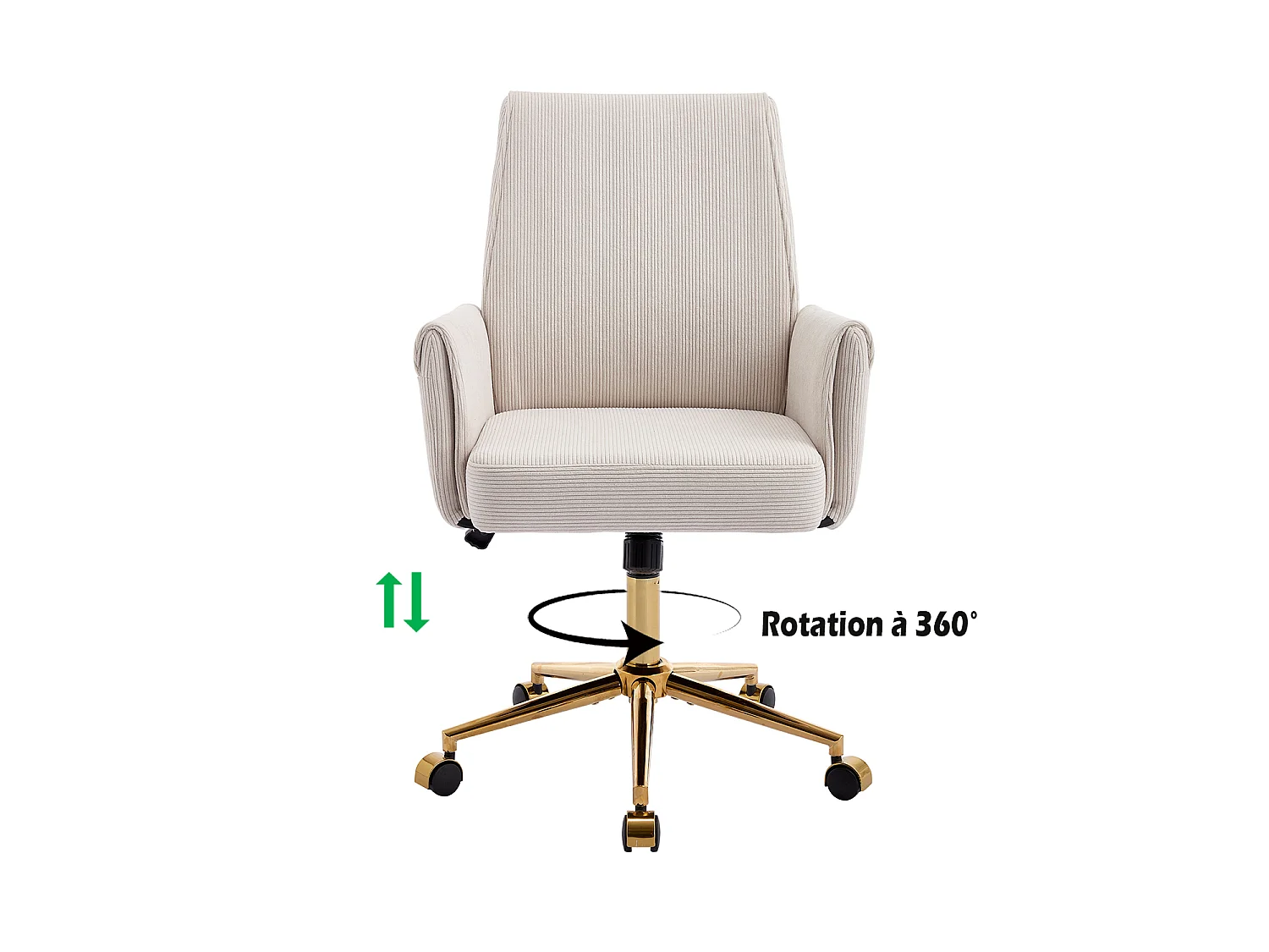 MEUBLES COSY ELVAN Chaise de bureau pivotante réglable en hauteur en velours côtelé beige avec pieds dorés