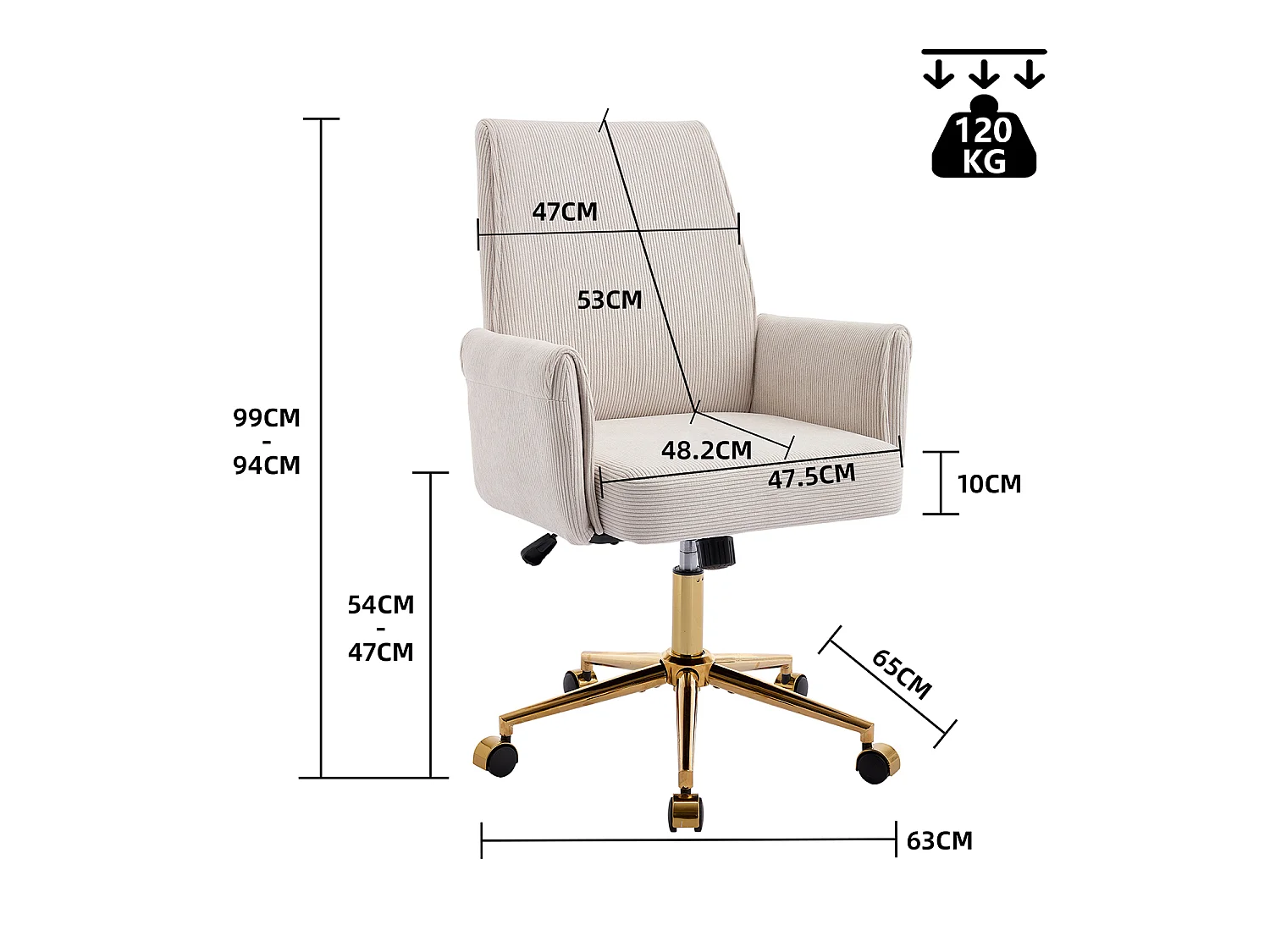 MEUBLES COSY ELVAN Chaise de bureau pivotante réglable en hauteur en velours côtelé beige avec pieds dorés