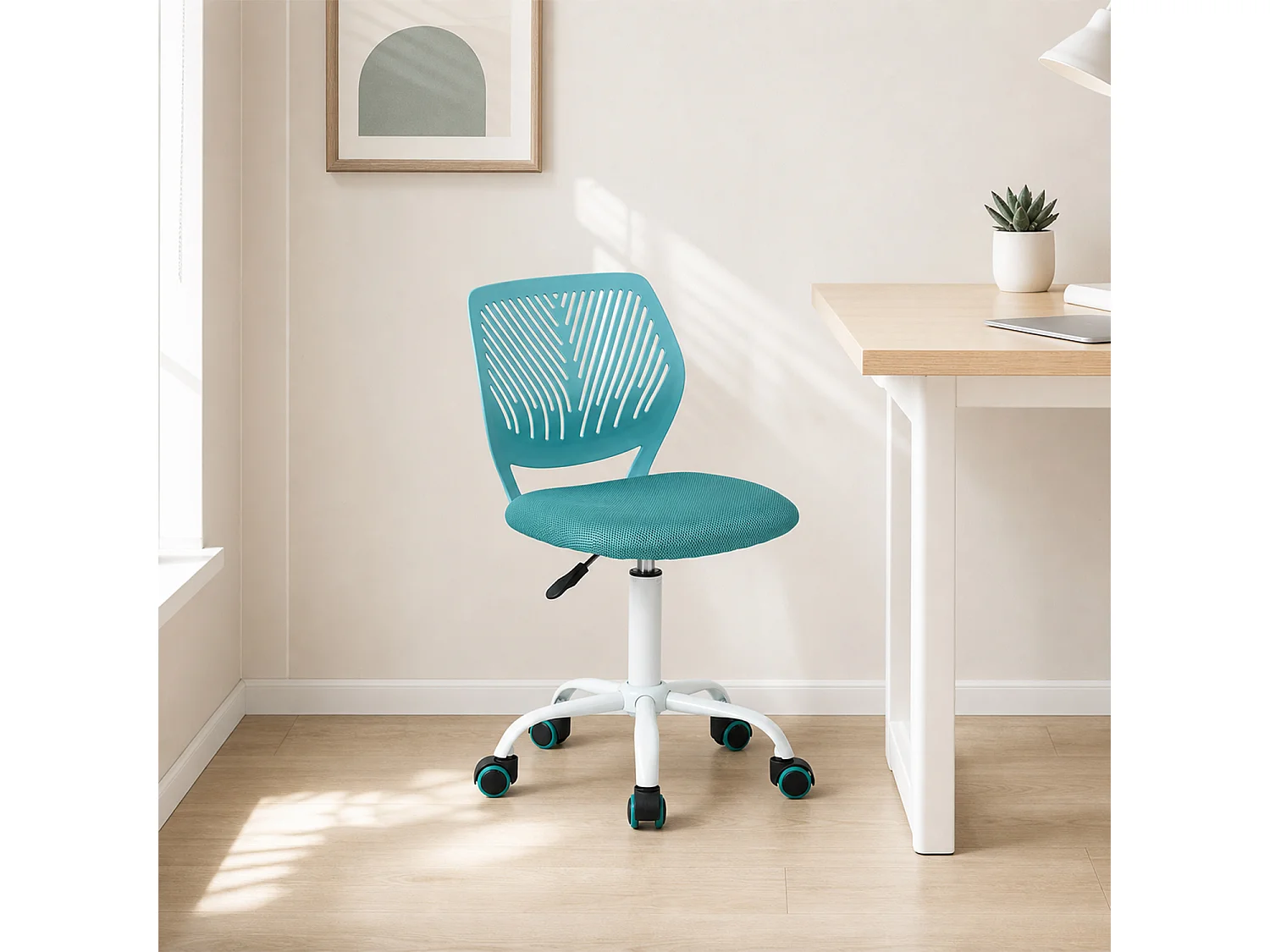 MEUBLES COSY CARNATION Silla giratoria regulable en altura con asiento de malla turquesa y patas de metal