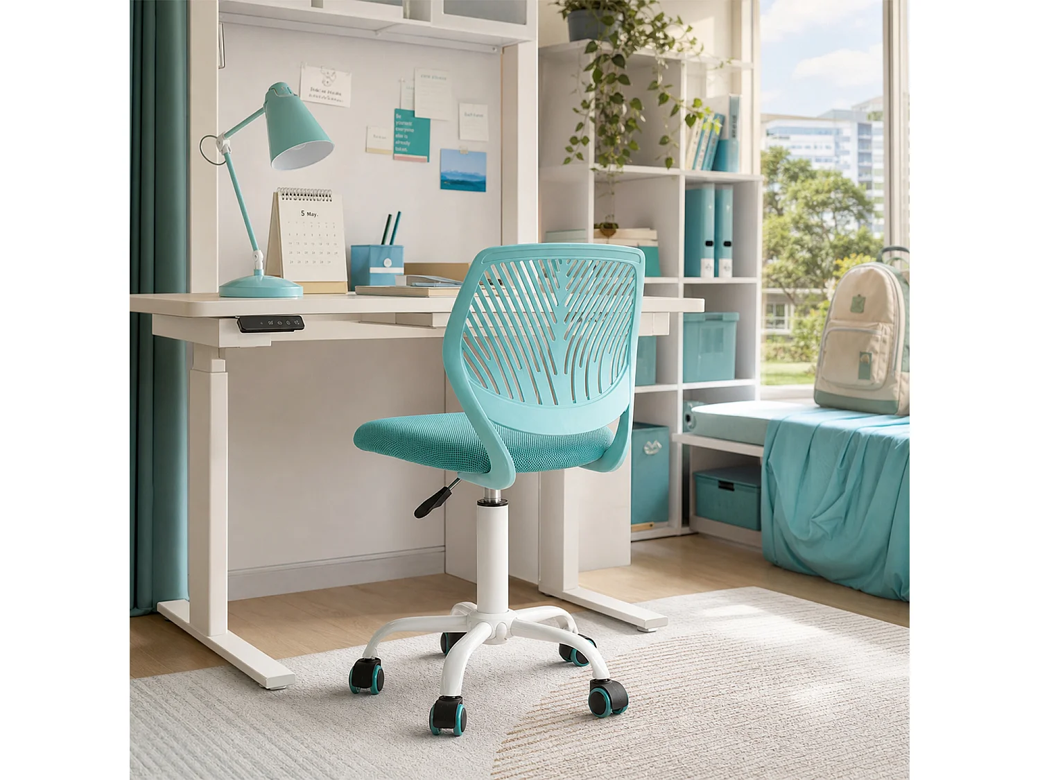 MEUBLES COSY CARNATION Silla giratoria regulable en altura con asiento de malla turquesa y patas de metal