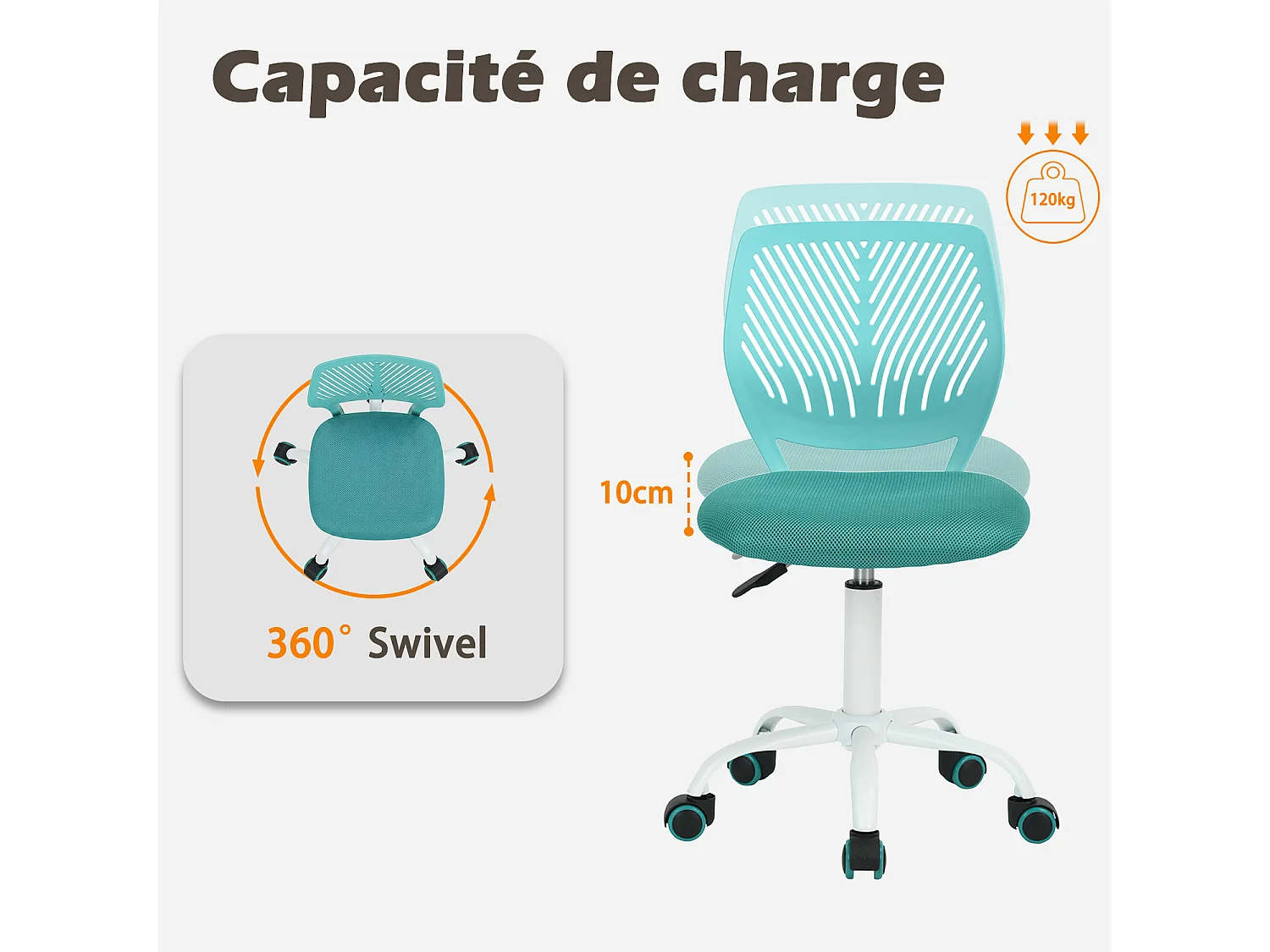 MEUBLES COSY CARNATION Silla giratoria regulable en altura con asiento de malla turquesa y patas de metal