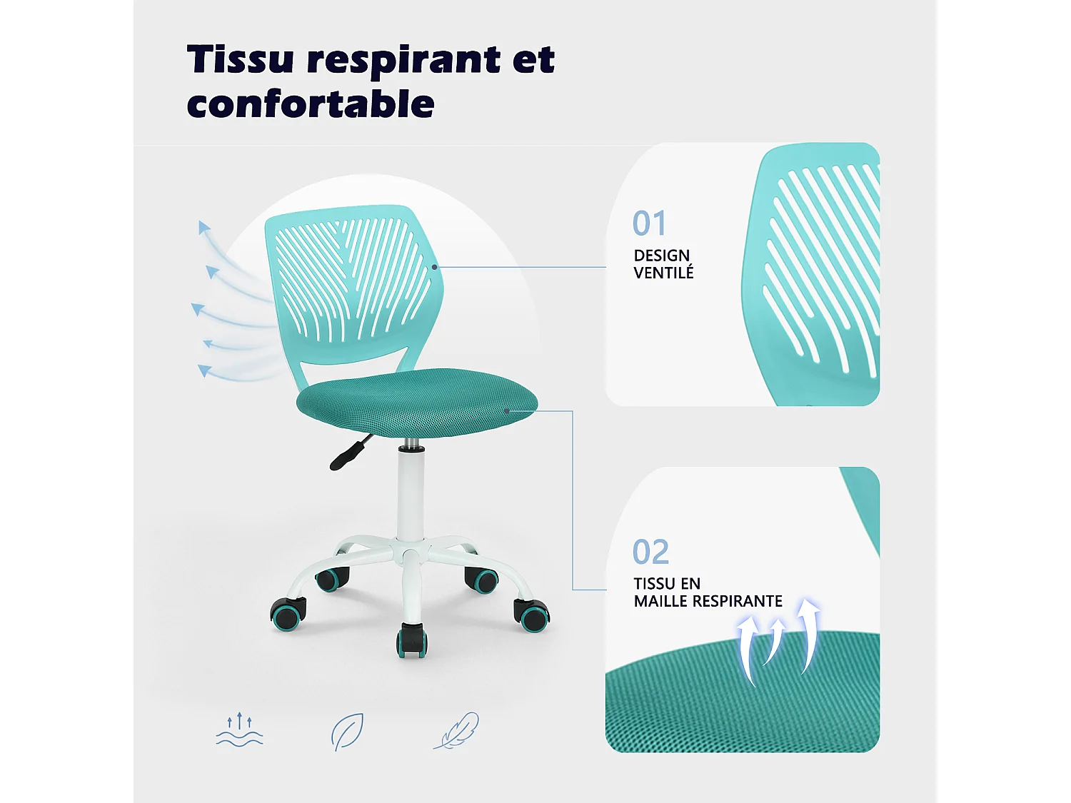 MEUBLES COSY CARNATION Silla giratoria regulable en altura con asiento de malla turquesa y patas de metal