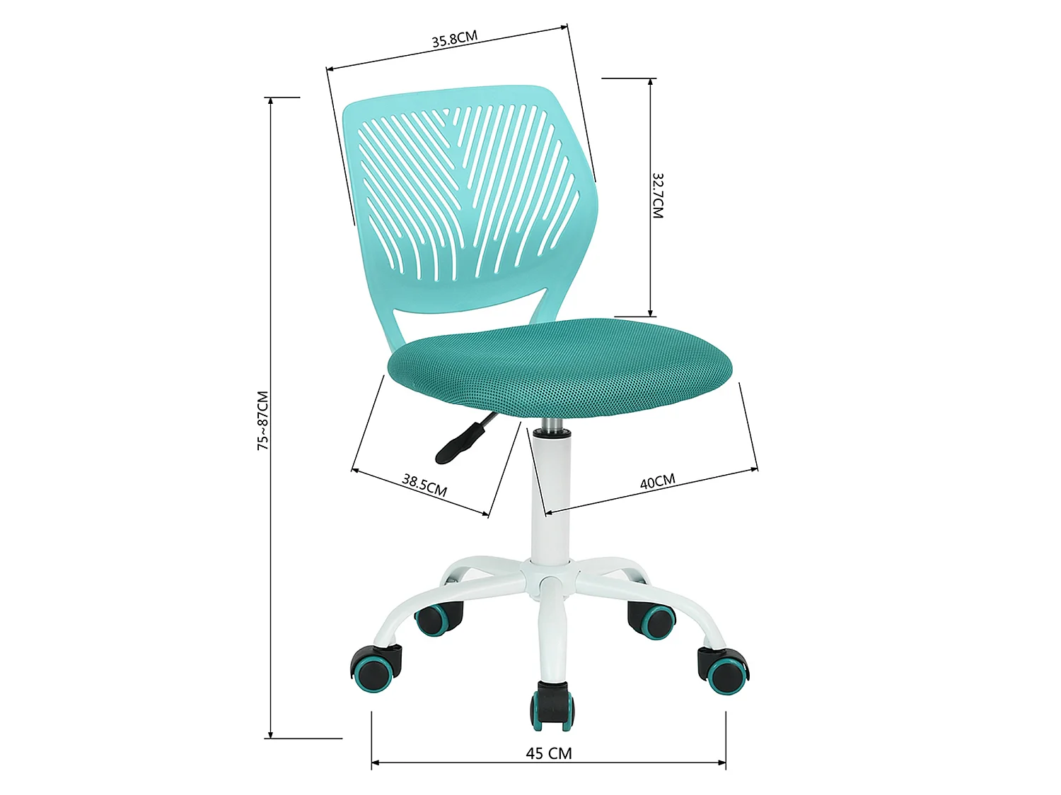 MEUBLES COSY CARNATION Silla giratoria regulable en altura con asiento de malla turquesa y patas de metal
