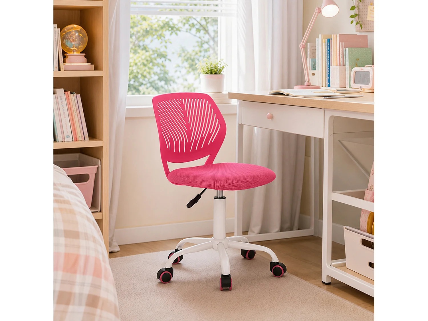 MEUBLES COSY CARNATION Silla giratoria regulable en altura con asiento de malla rosa y patas de metal