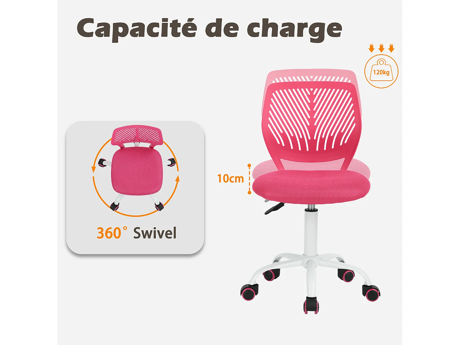 MEUBLES COSY CARNATION Silla giratoria regulable en altura con asiento de malla rosa y patas de metal