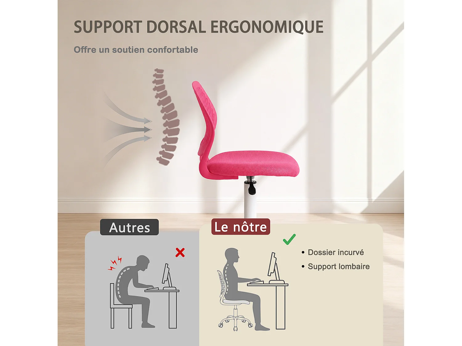 MEUBLES COSY CARNATION Silla giratoria regulable en altura con asiento de malla rosa y patas de metal