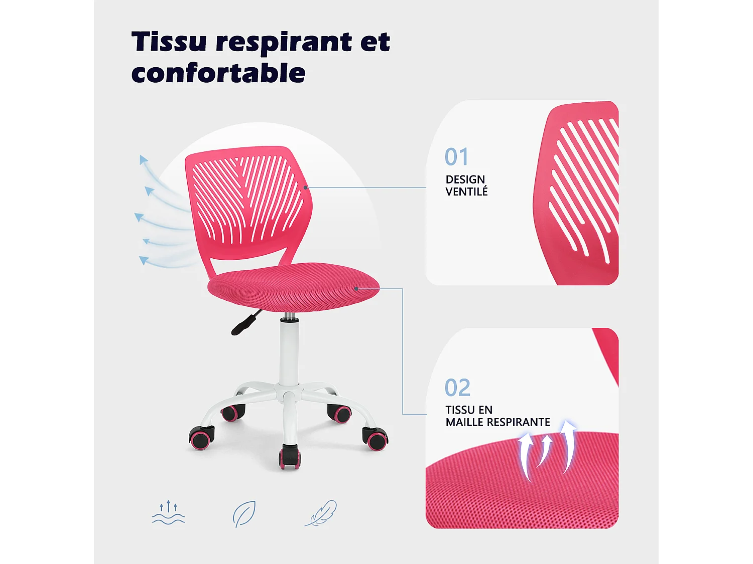 MEUBLES COSY CARNATION Silla giratoria regulable en altura con asiento de malla rosa y patas de metal