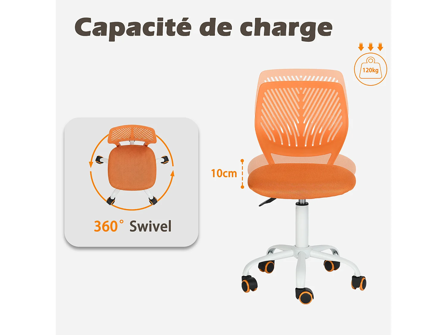 MEUBLES COSY CARNATION Silla giratoria regulable en altura con asiento de malla naranja y patas de metal