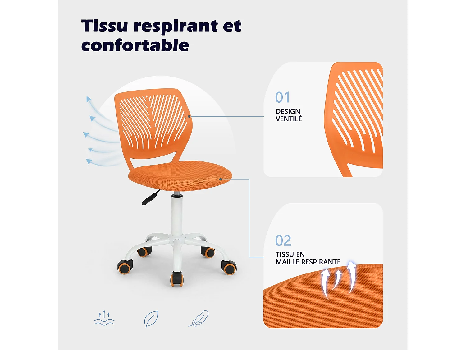 MEUBLES COSY CARNATION Silla giratoria regulable en altura con asiento de malla naranja y patas de metal