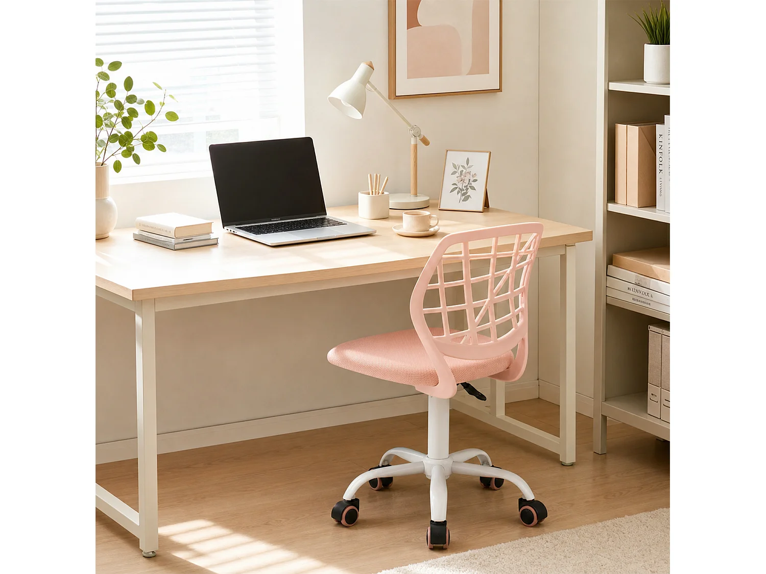 MEUBLES COSY CARNATION Silla giratoria regulable en altura con asiento de malla rosa blush y patas de metal