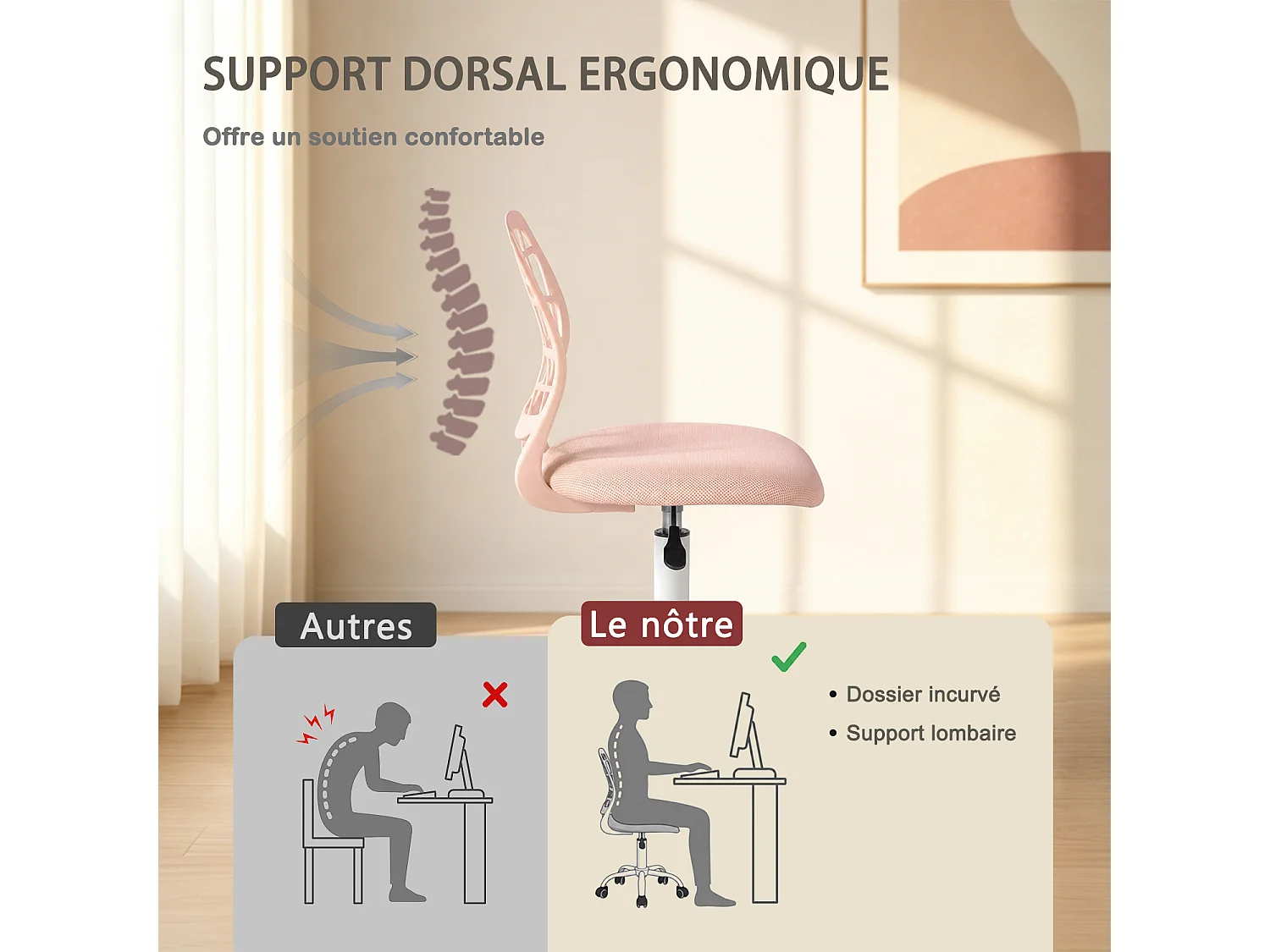 MEUBLES COSY CARNATION Silla giratoria regulable en altura con asiento de malla rosa blush y patas de metal