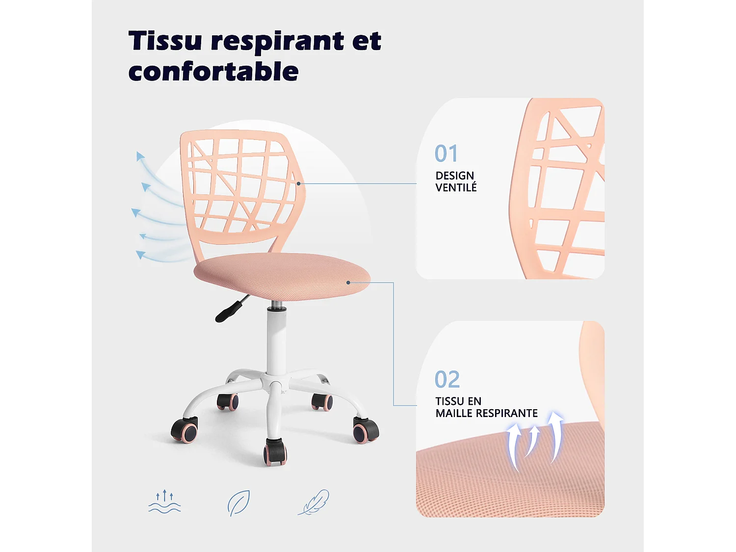 MEUBLES COSY CARNATION Silla giratoria regulable en altura con asiento de malla rosa blush y patas de metal