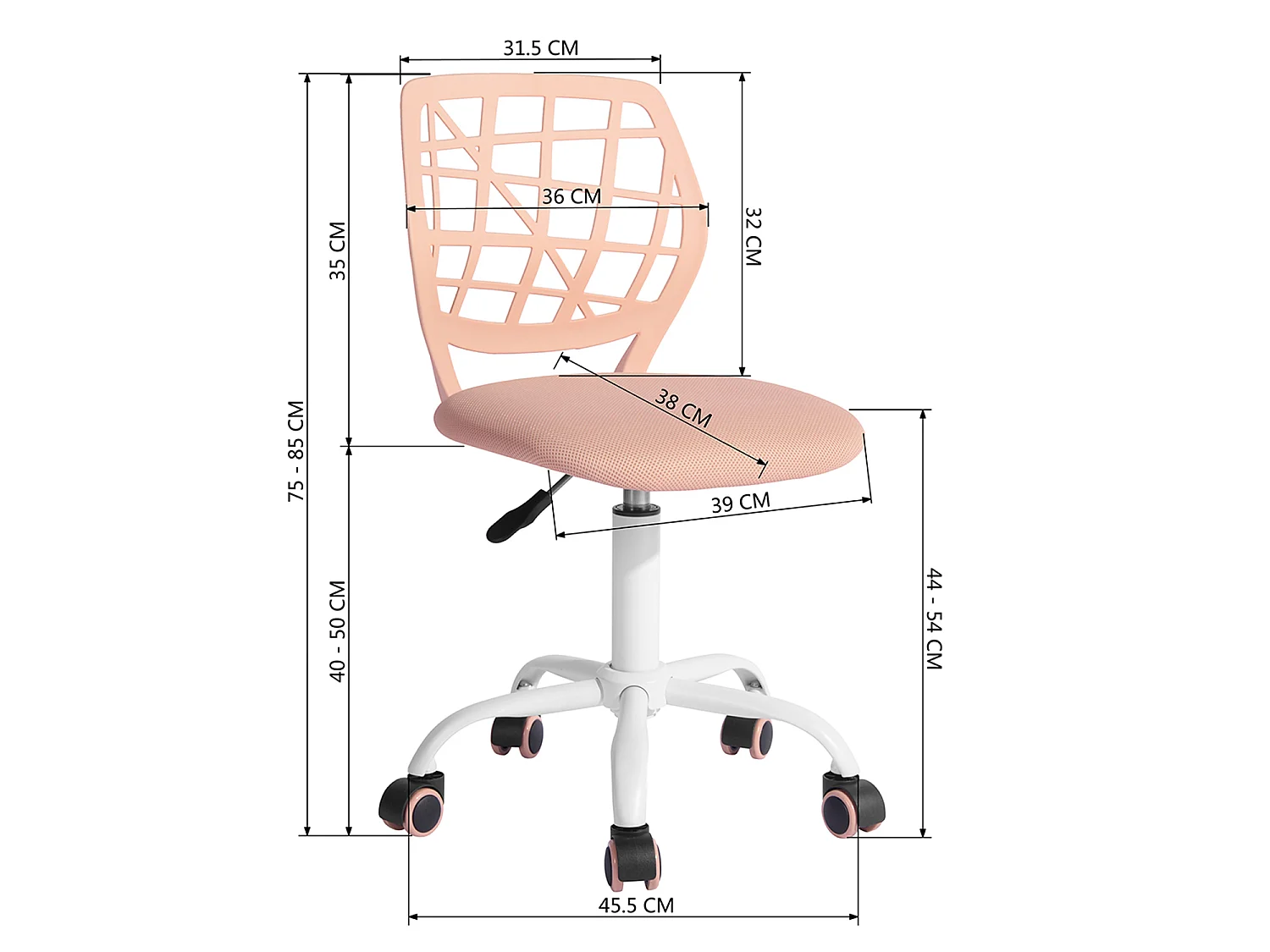 MEUBLES COSY CARNATION Silla giratoria regulable en altura con asiento de malla rosa blush y patas de metal