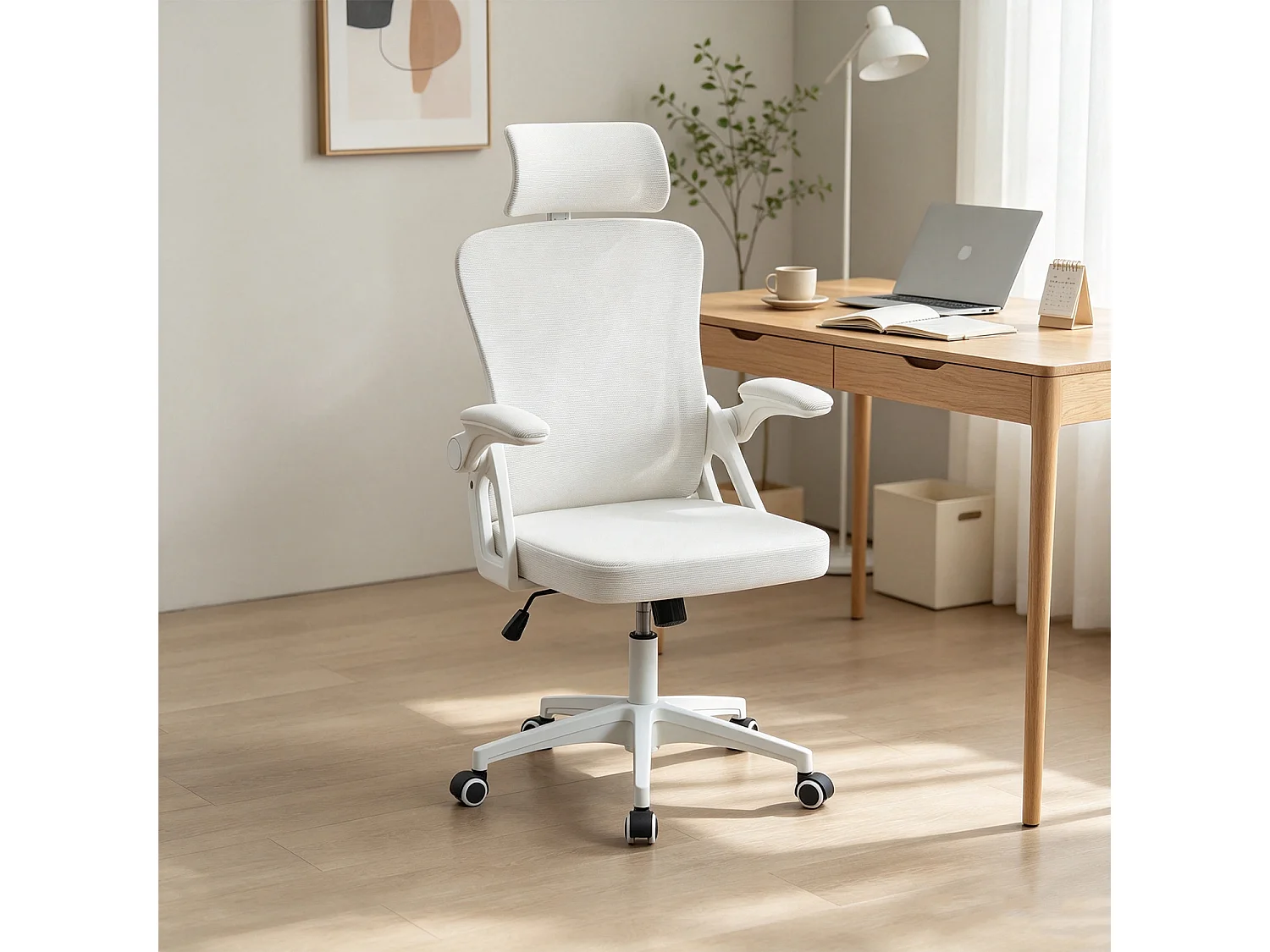 MEUBLES COSY DARVEN Silla de oficina ergonómica giratoria regulable en altura con malla blanca y estructura de plástico