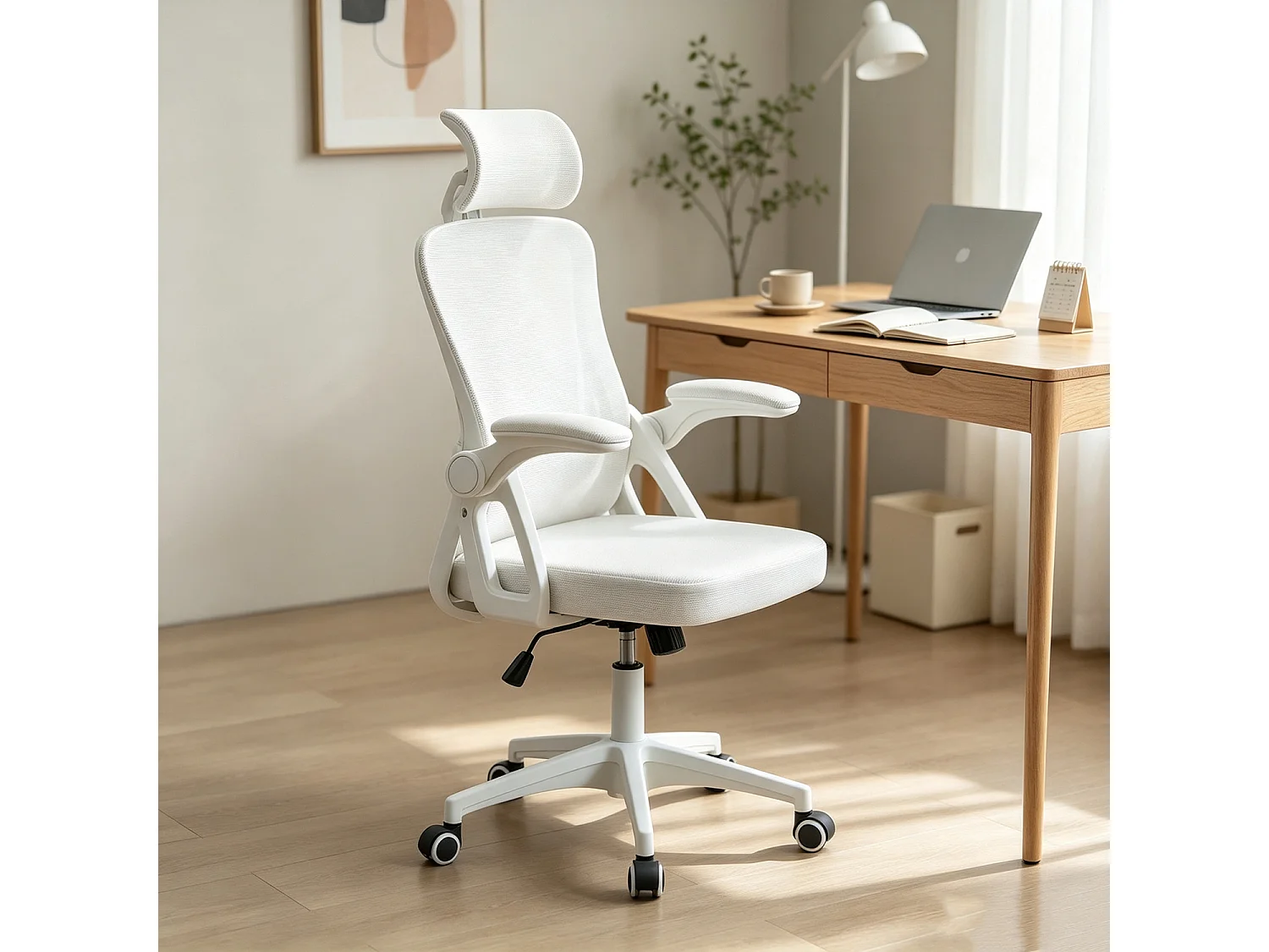 MEUBLES COSY DARVEN Silla de oficina ergonómica giratoria regulable en altura con malla blanca y estructura de plástico