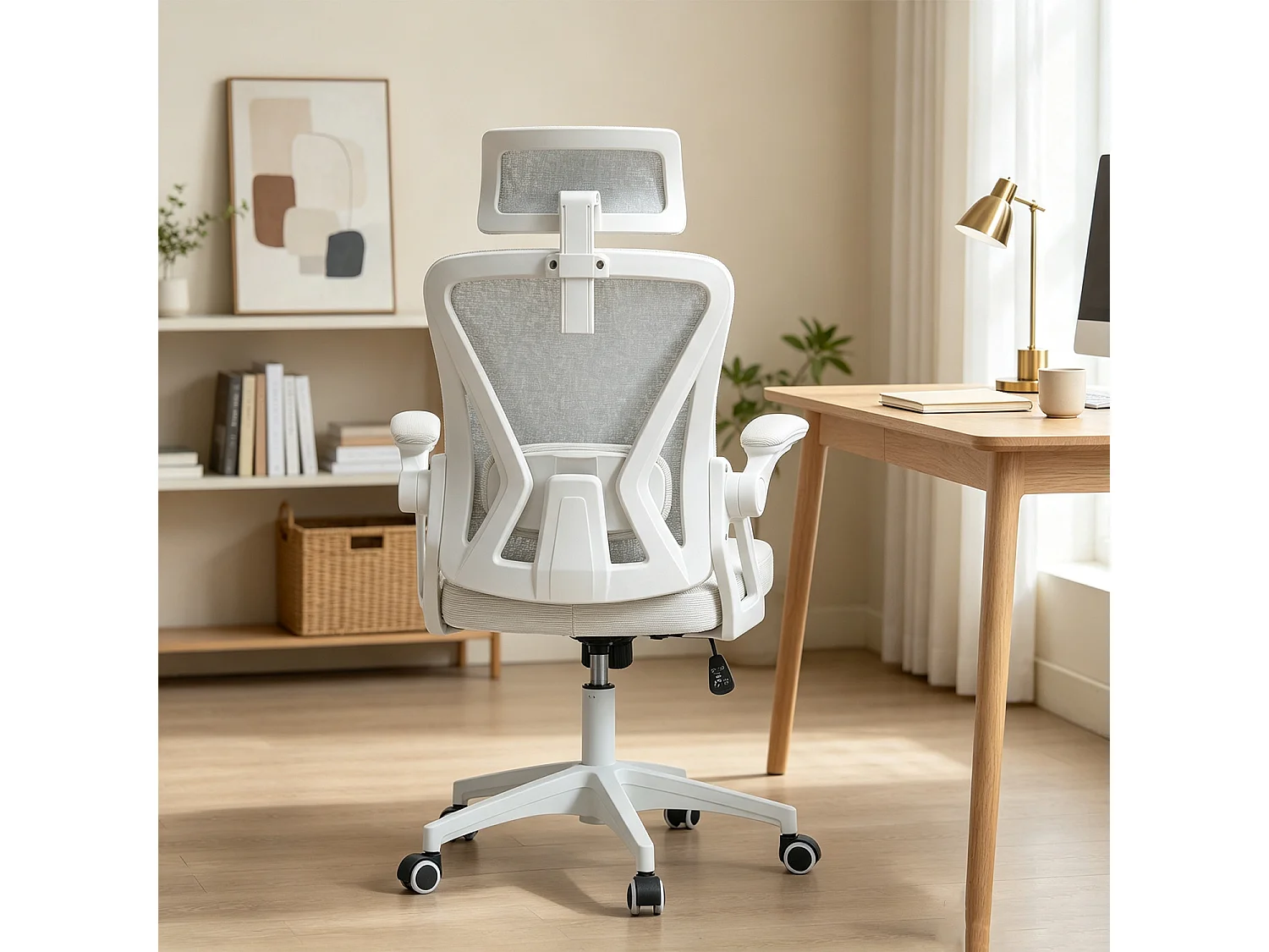 MEUBLES COSY DARVEN Silla de oficina ergonómica giratoria regulable en altura con malla blanca y estructura de plástico