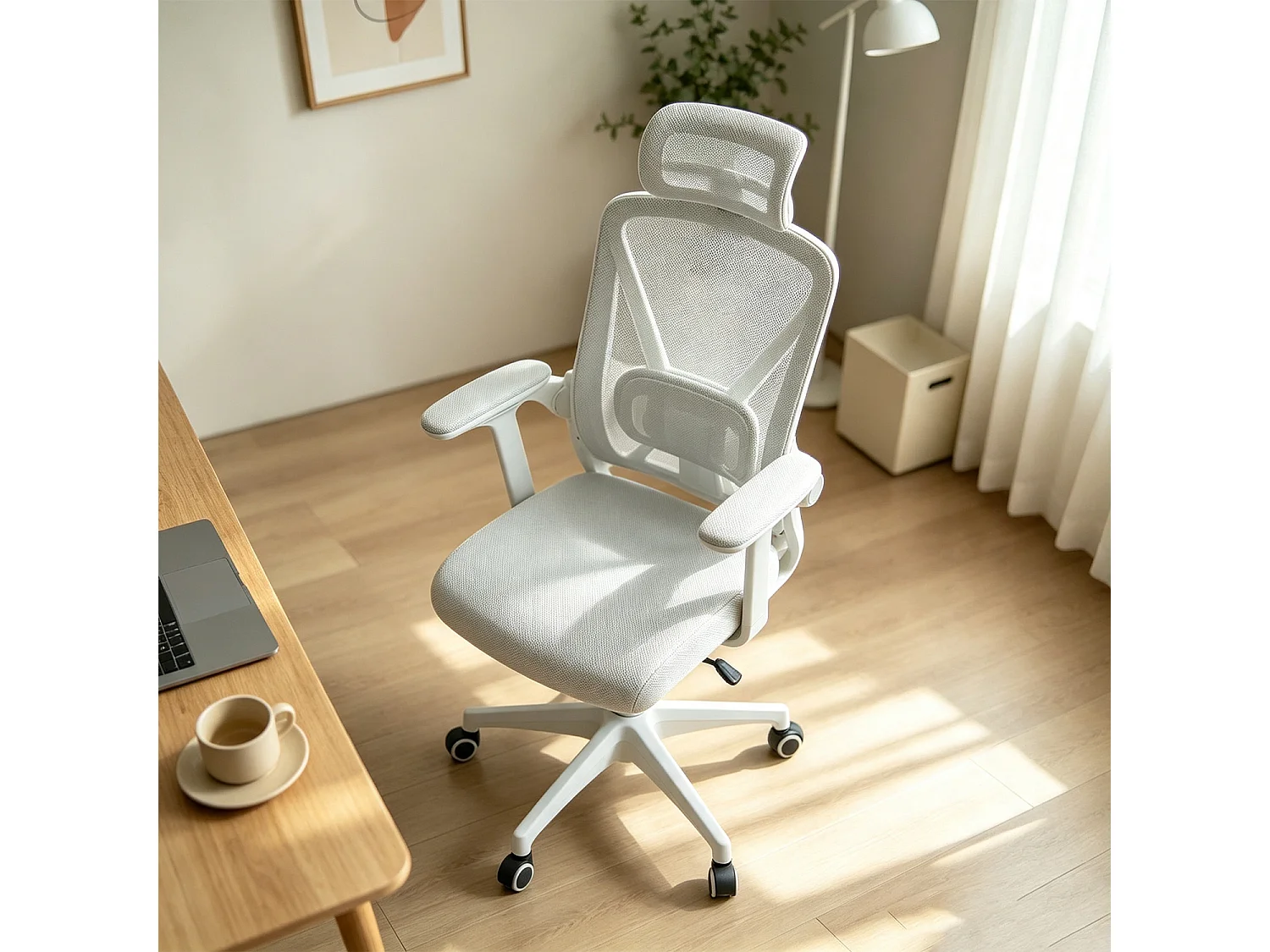 MEUBLES COSY DARVEN Silla de oficina ergonómica giratoria regulable en altura con malla blanca y estructura de plástico