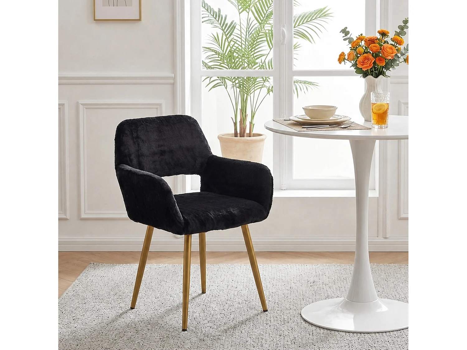 MEUBLES COSY CROMWELL PELUCHE Lot de 2 chaises en tissu effet poil de lapin noir, structure en métal