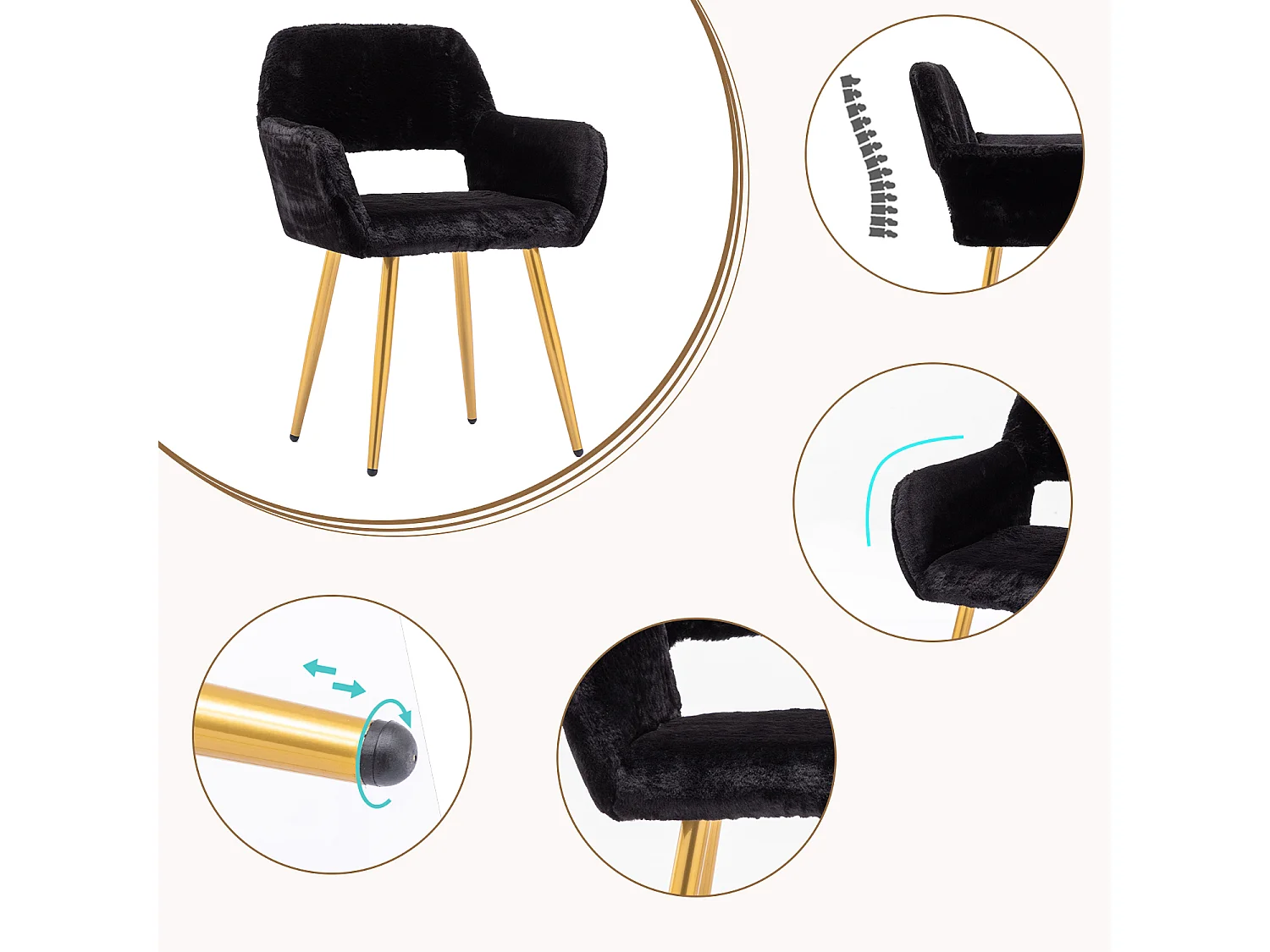 MEUBLES COSY CROMWELL PELUCHE Lot de 2 chaises en tissu effet poil de lapin noir, structure en métal
