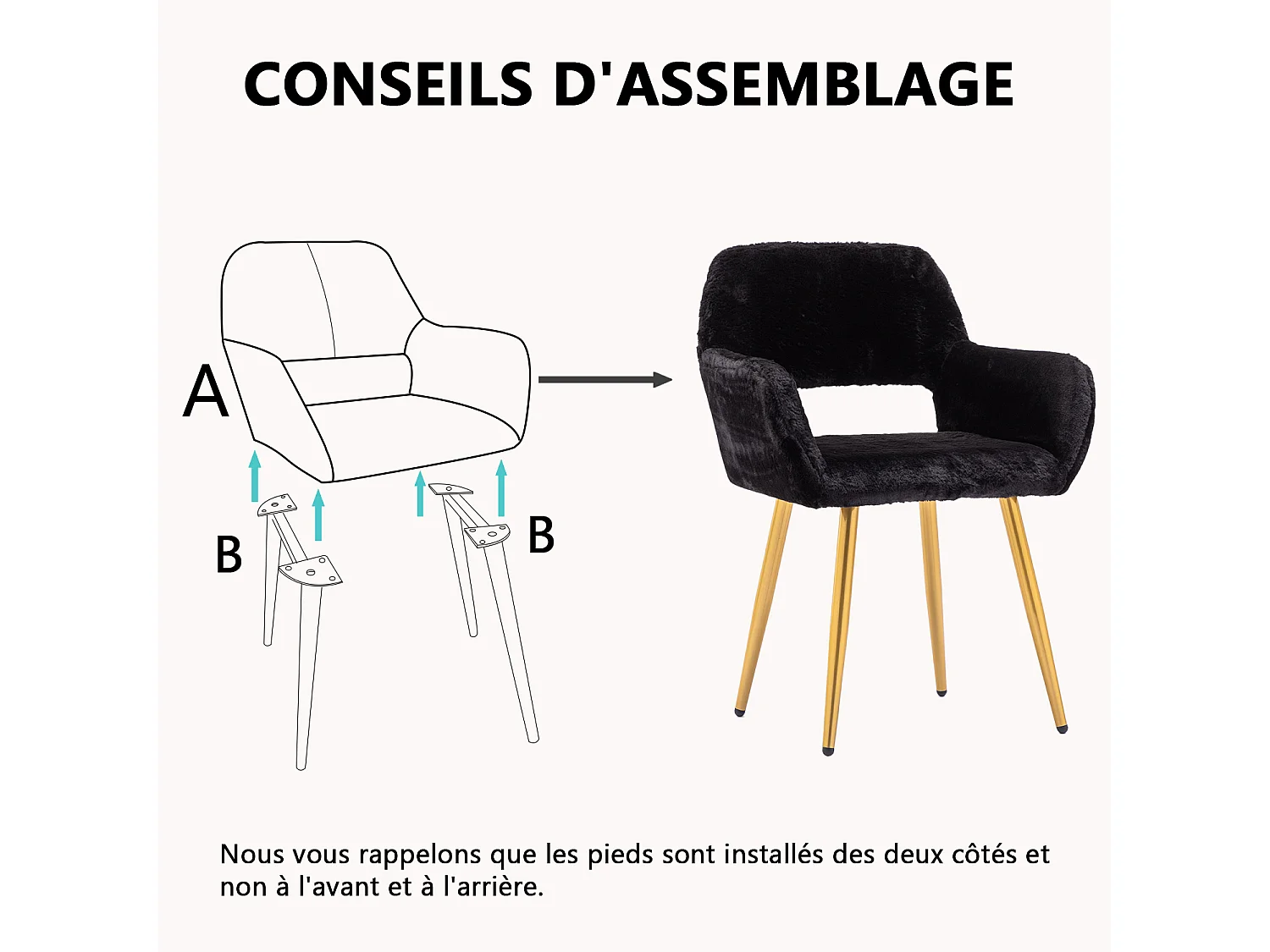 MEUBLES COSY CROMWELL PELUCHE Lot de 2 chaises en tissu effet poil de lapin noir, structure en métal