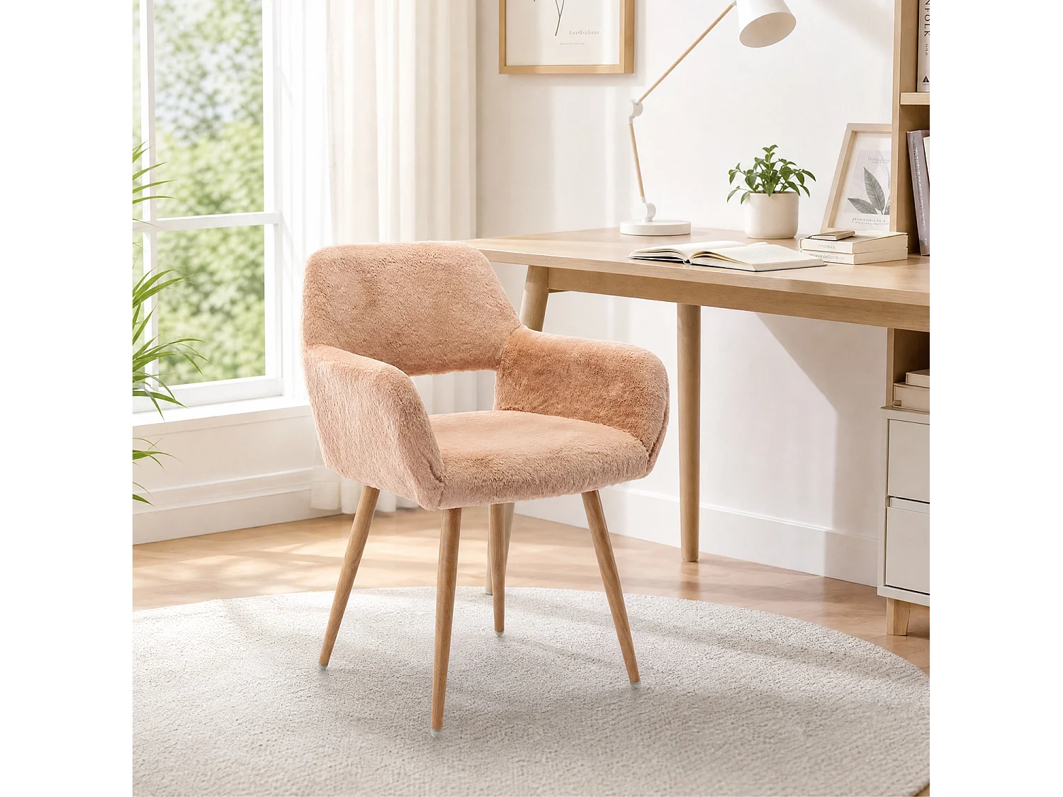 MEUBLES COSY CROMWELL PELUCHEO Fauteuil en tissu rose pêche effet poil de lapin avec pieds en métal