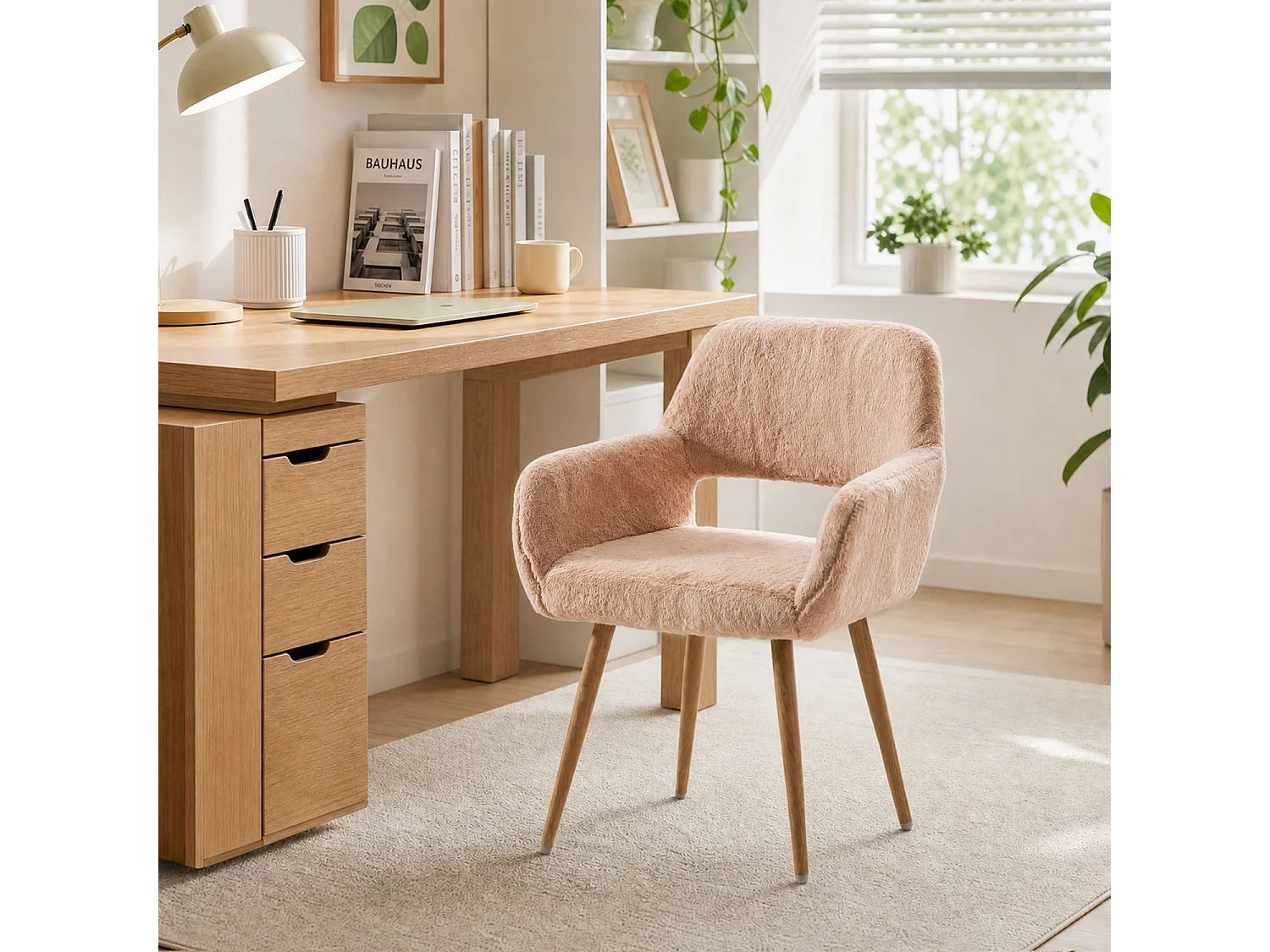 MEUBLES COSY CROMWELL PELUCHEO Fauteuil en tissu rose pêche effet poil de lapin avec pieds en métal