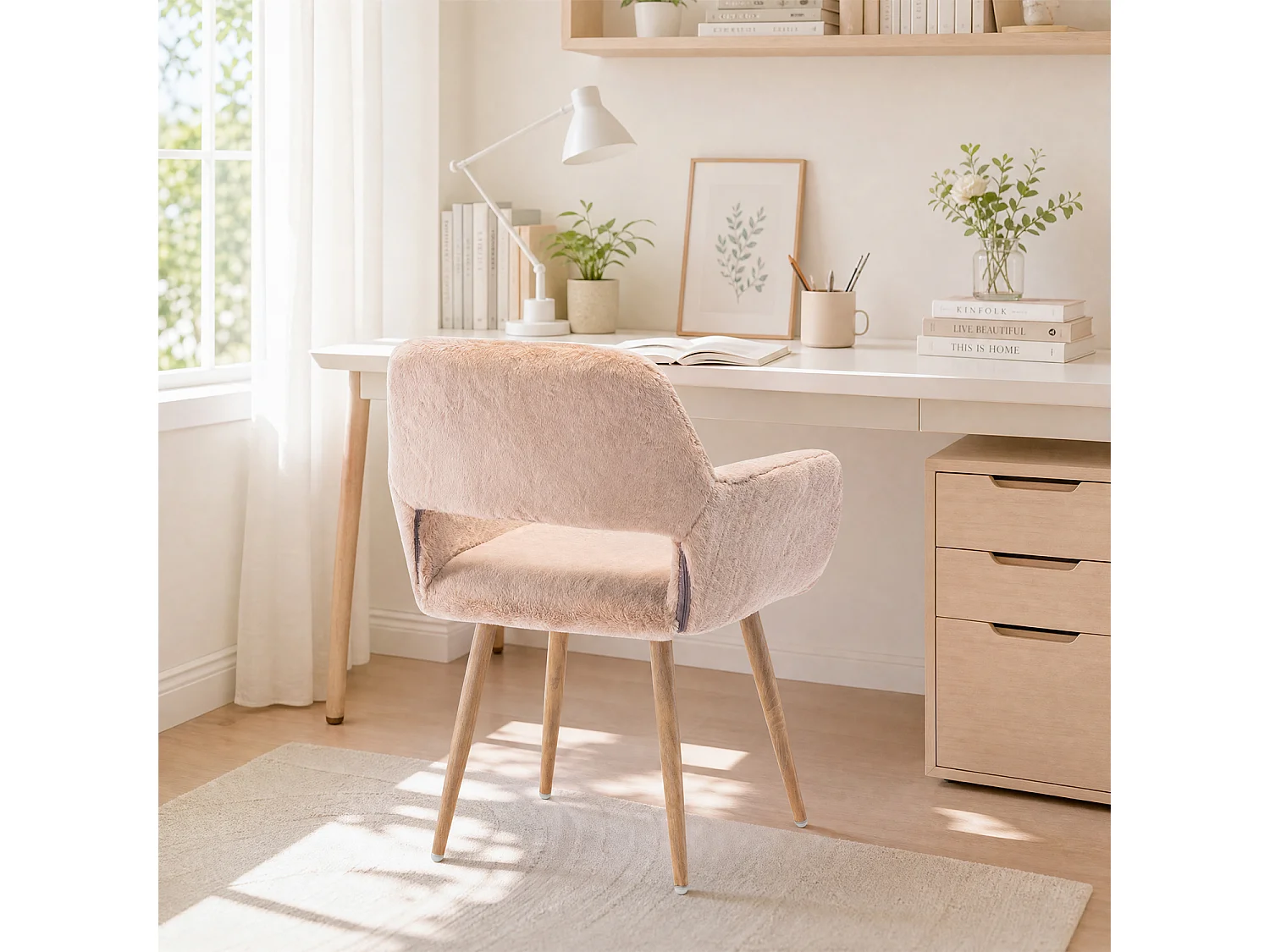 MEUBLES COSY CROMWELL PELUCHEO Fauteuil en tissu rose pêche effet poil de lapin avec pieds en métal