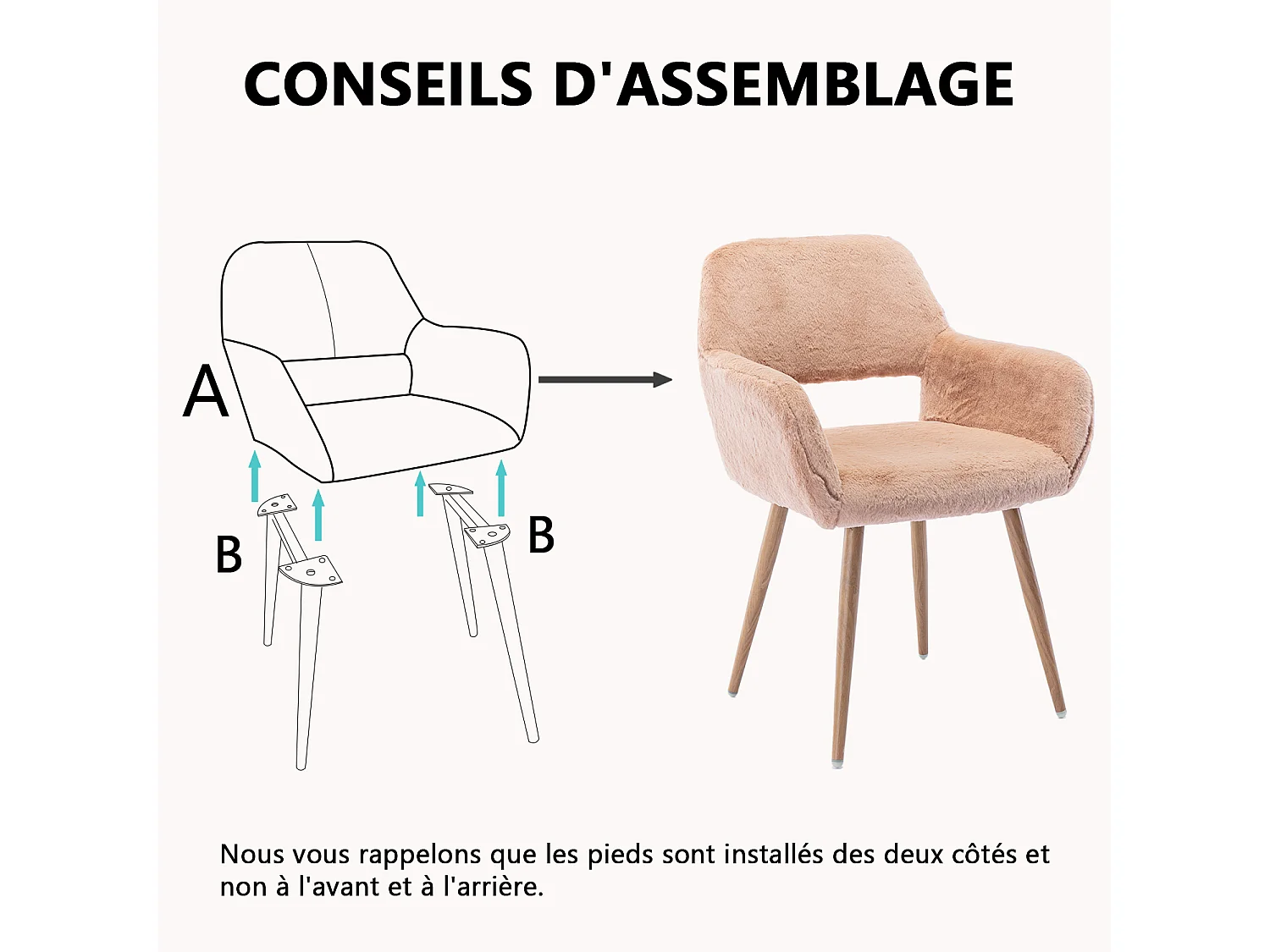 MEUBLES COSY CROMWELL PELUCHEO Fauteuil en tissu rose pêche effet poil de lapin avec pieds en métal