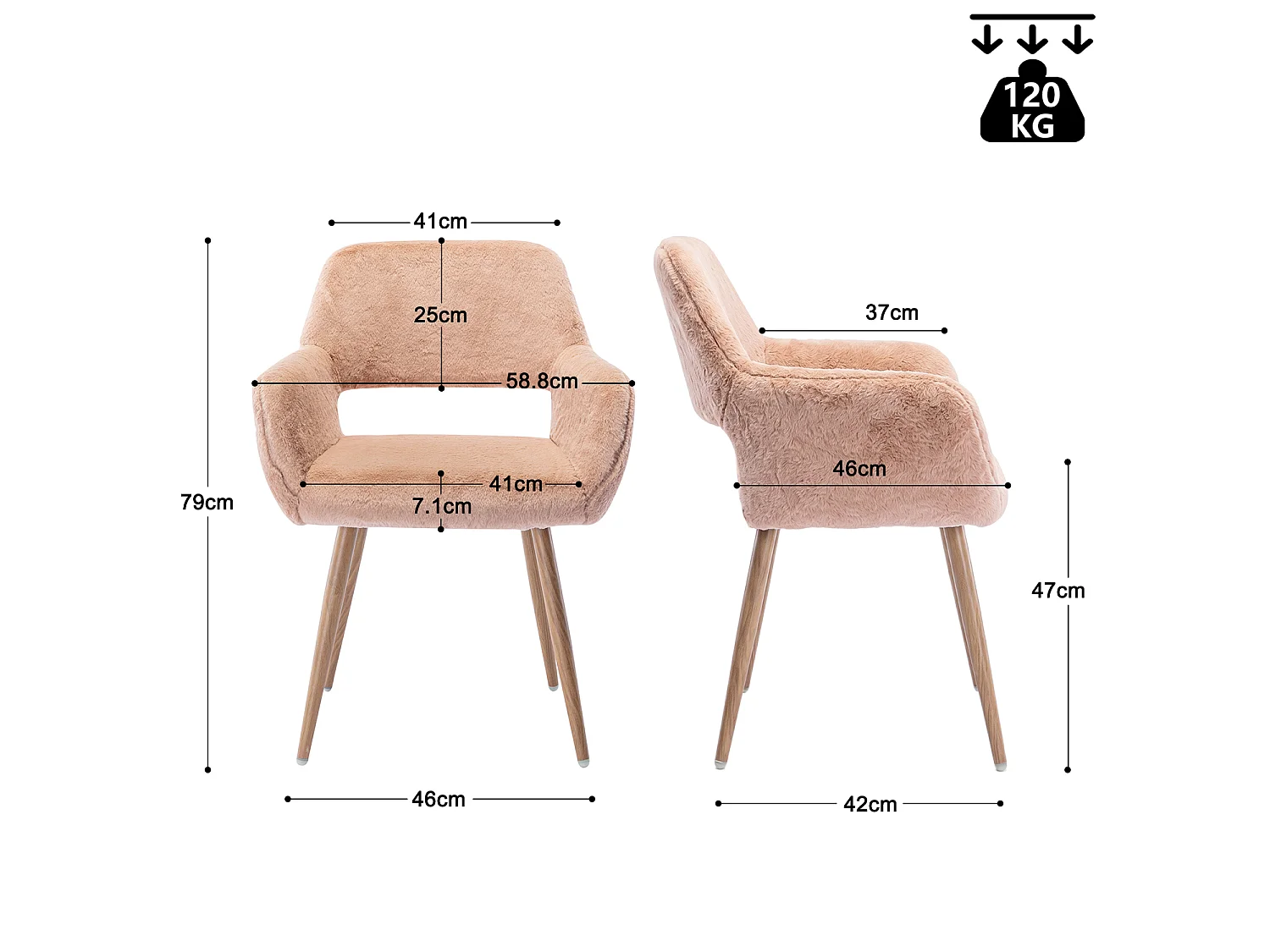 MEUBLES COSY CROMWELL PELUCHEO Fauteuil en tissu rose pêche effet poil de lapin avec pieds en métal
