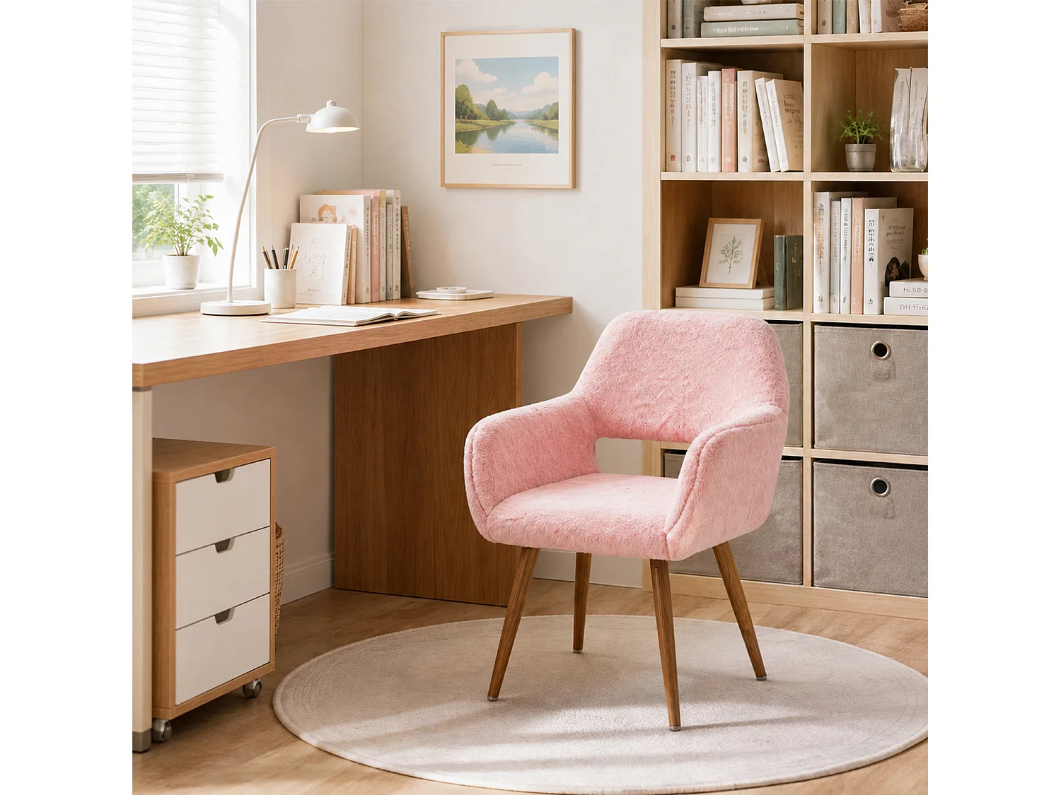 MEUBLES COSY CROMWELL PELUCHEO Fauteuil en tissu rose effet poil de lapin avec pieds en métal
