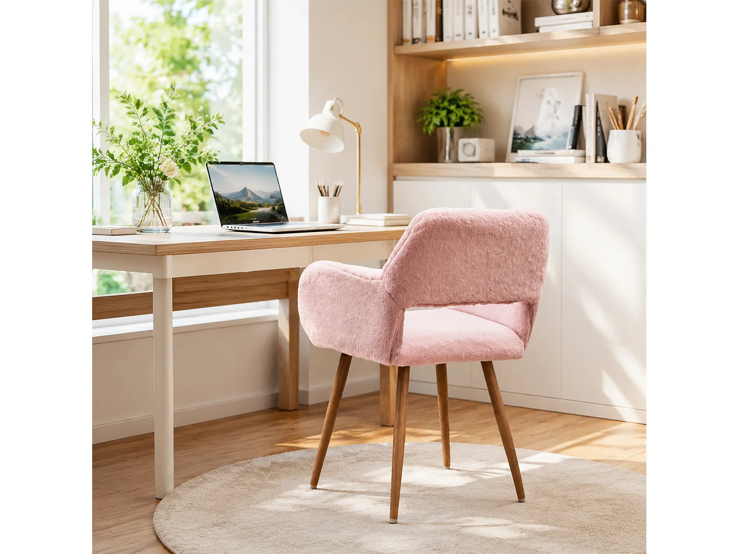 MEUBLES COSY CROMWELL PELUCHEO Fauteuil en tissu rose effet poil de lapin avec pieds en métal