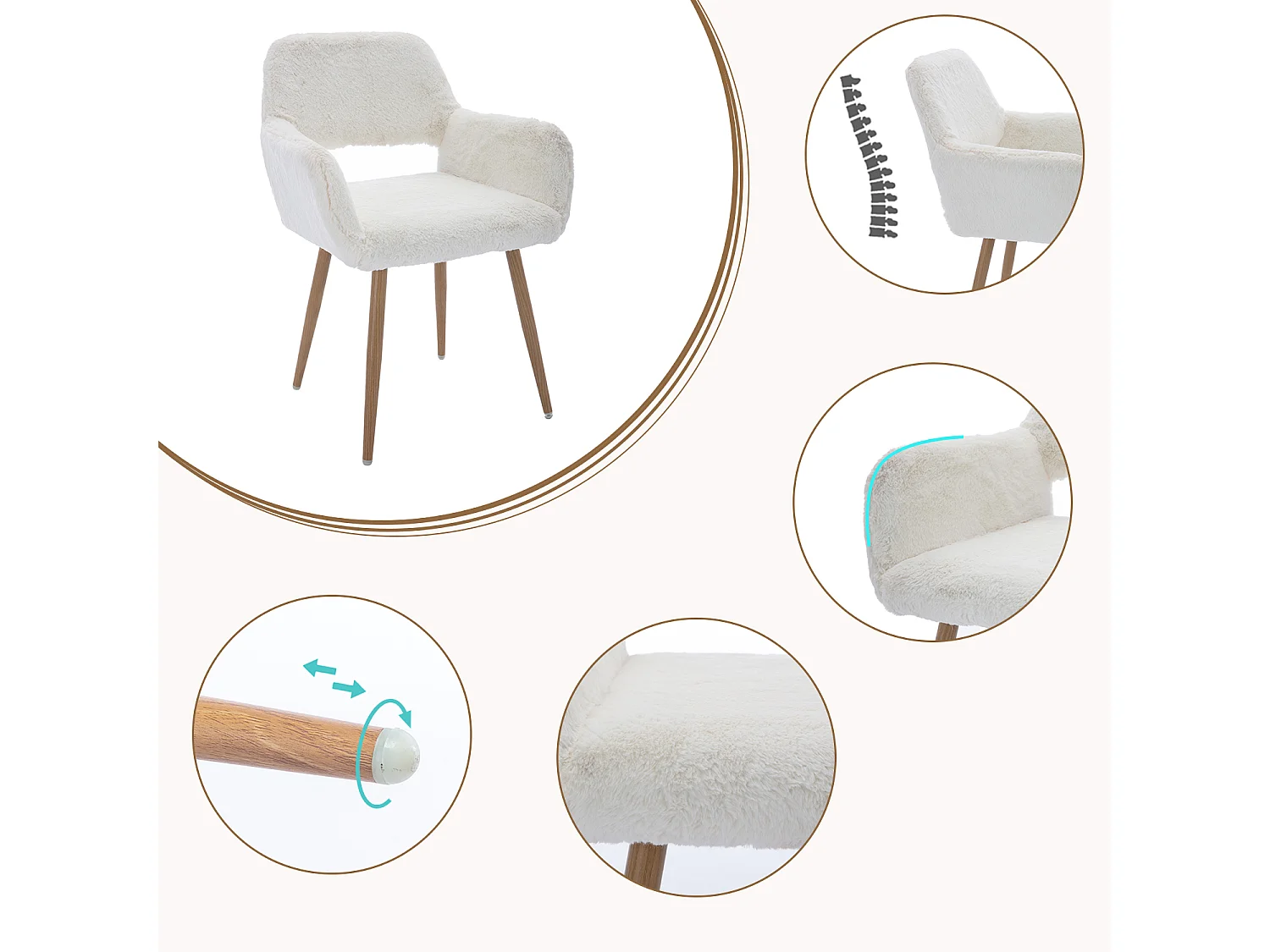 MEUBLES COSY CROMWELL PELUCHE Lot de 4 chaises en tissu effet poil de lapin blanc, structure en métal