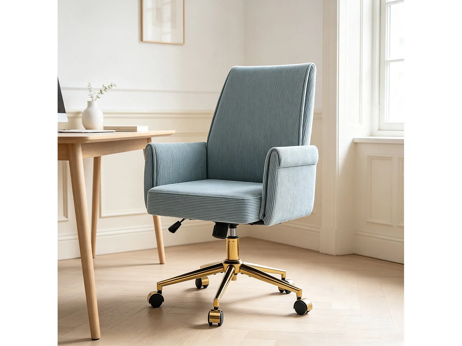 MEUBLES COSY ELVAN Chaise de bureau pivotante réglable en hauteur en velours côtelé bleu avec pieds dorés