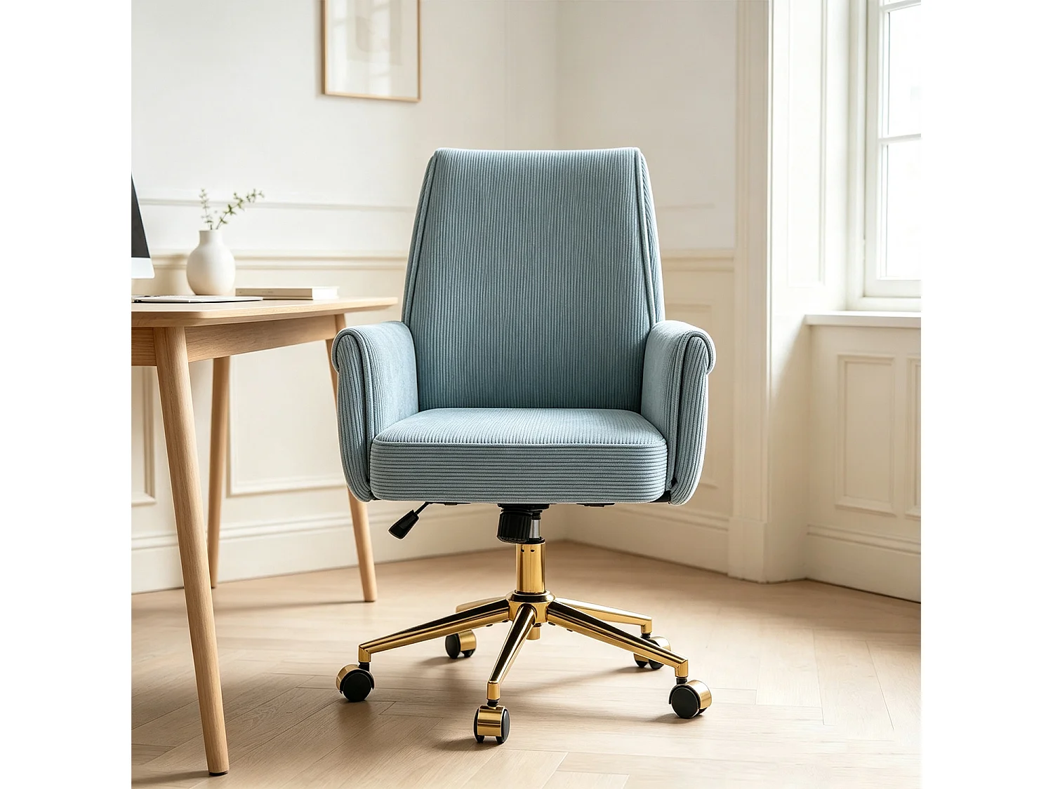 MEUBLES COSY ELVAN Chaise de bureau pivotante réglable en hauteur en velours côtelé bleu avec pieds dorés