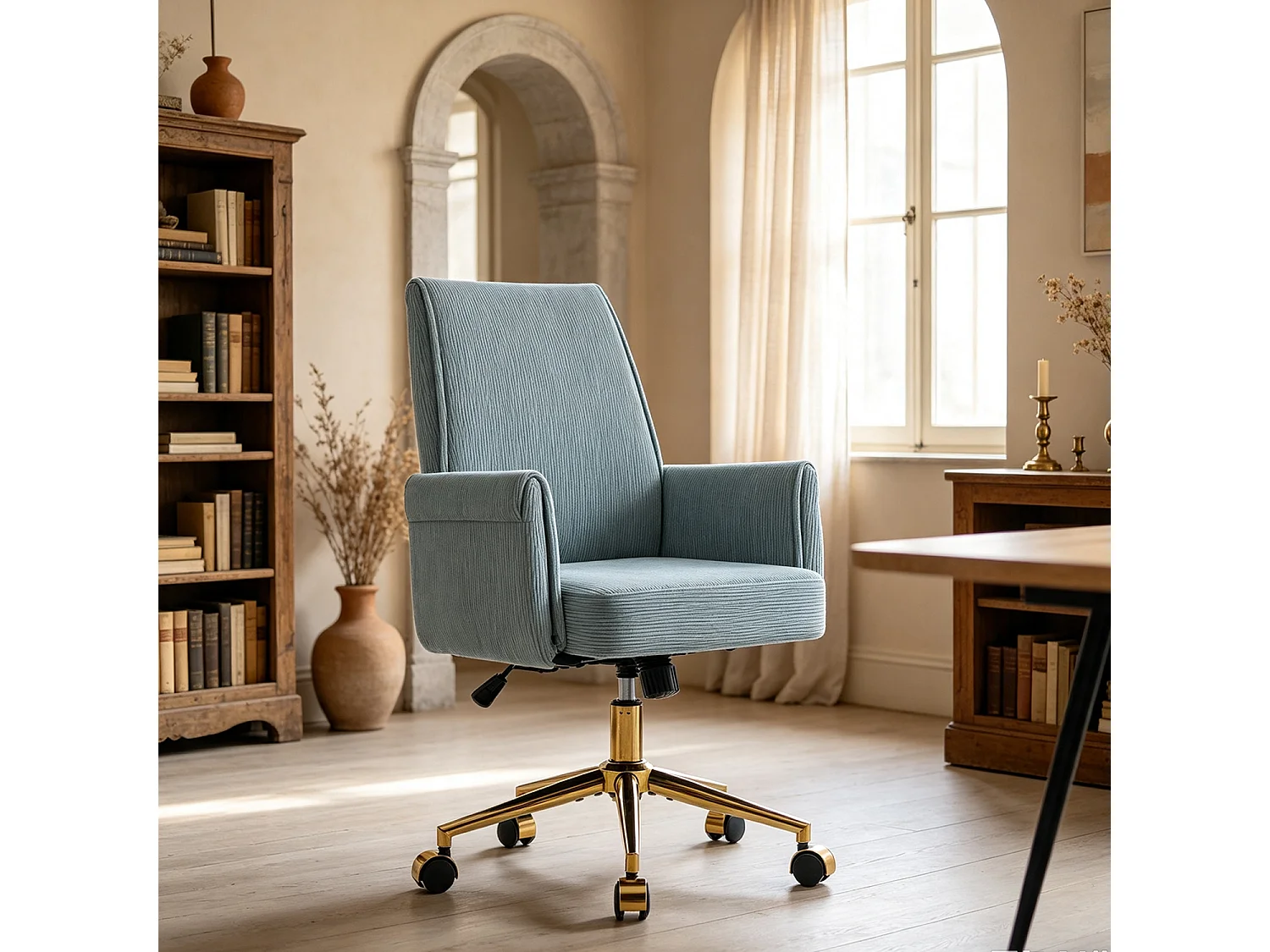 MEUBLES COSY ELVAN Chaise de bureau pivotante réglable en hauteur en velours côtelé bleu avec pieds dorés
